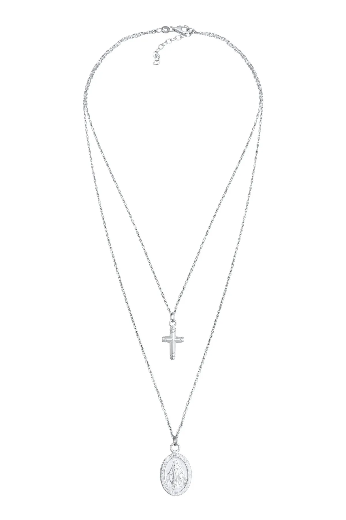 ELLI  Halskette Layering Kreuz Marienbild Zweireihig 925 Silber