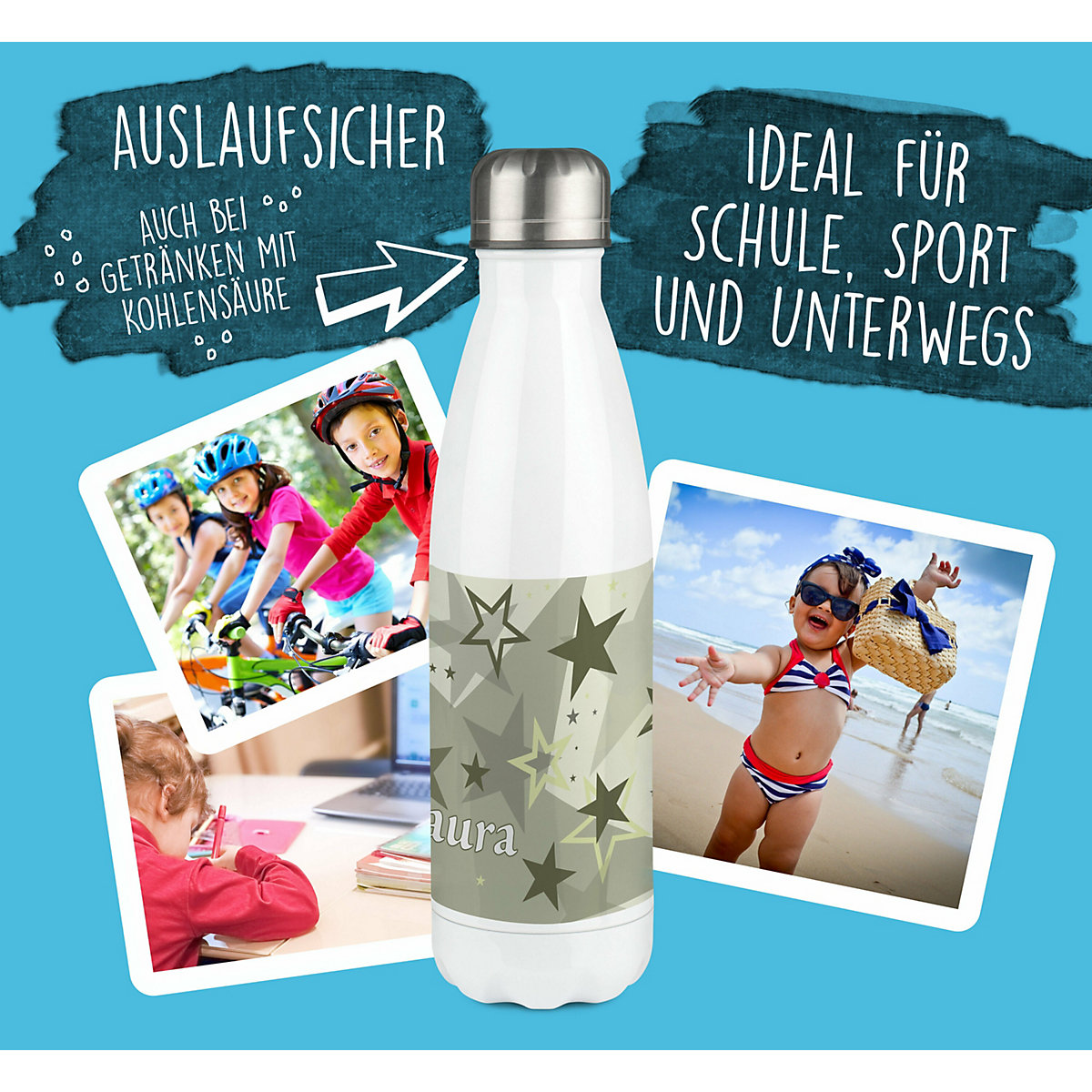 Edelstahl Kinder Thermoflasche / Trinkflasche bunt Sternenhimmel Farbe grau beige Spülmaschinenfest, Auslaufsicher, Bruchfest, Doppelwandig, Für Heißgetränke geeignet, Mit Deckel, Isoliert