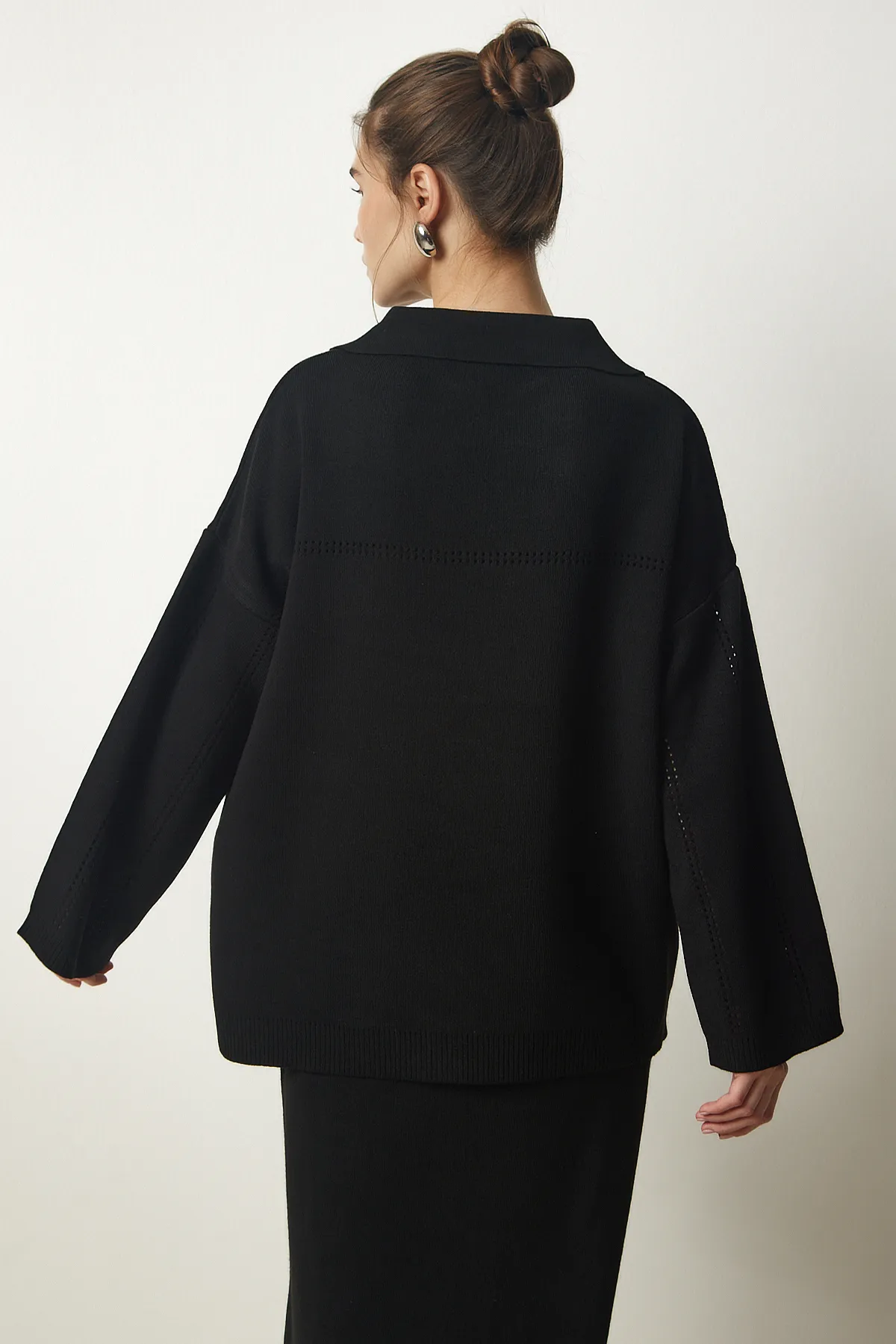 Happiness İstanbul  Stilvolles Strickpullover-Rock-Set mit Polokragen und schwarzem Damen YY00186