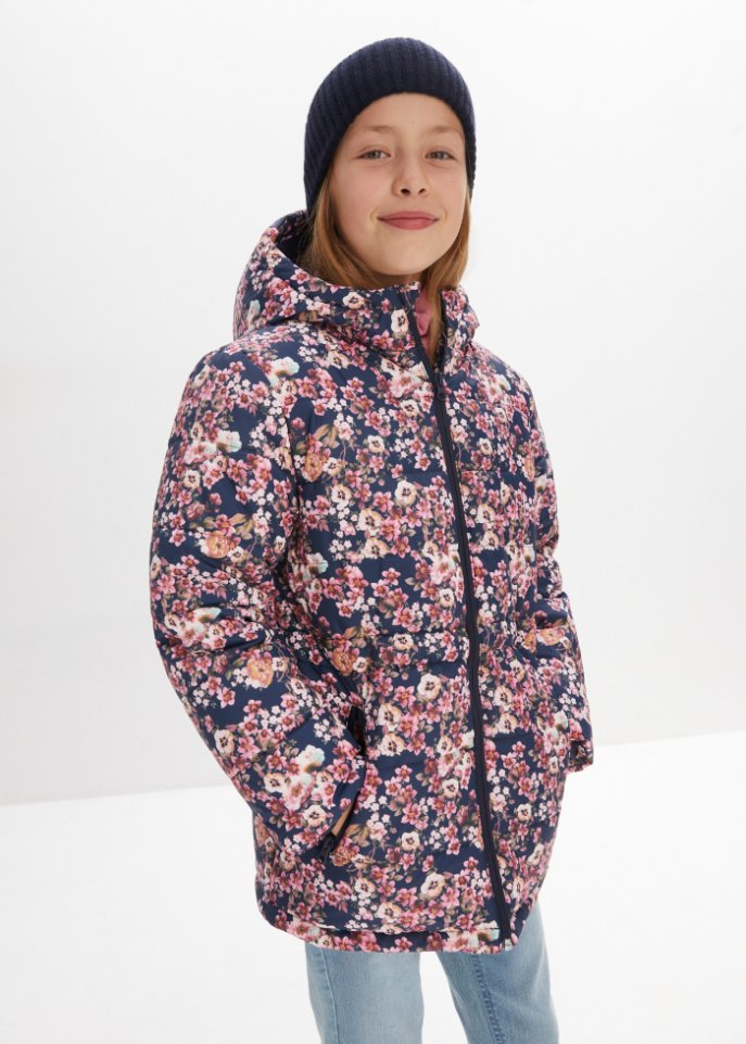Mädchen Winterjacke mit Blumendruck, wasserabweisend und winddicht