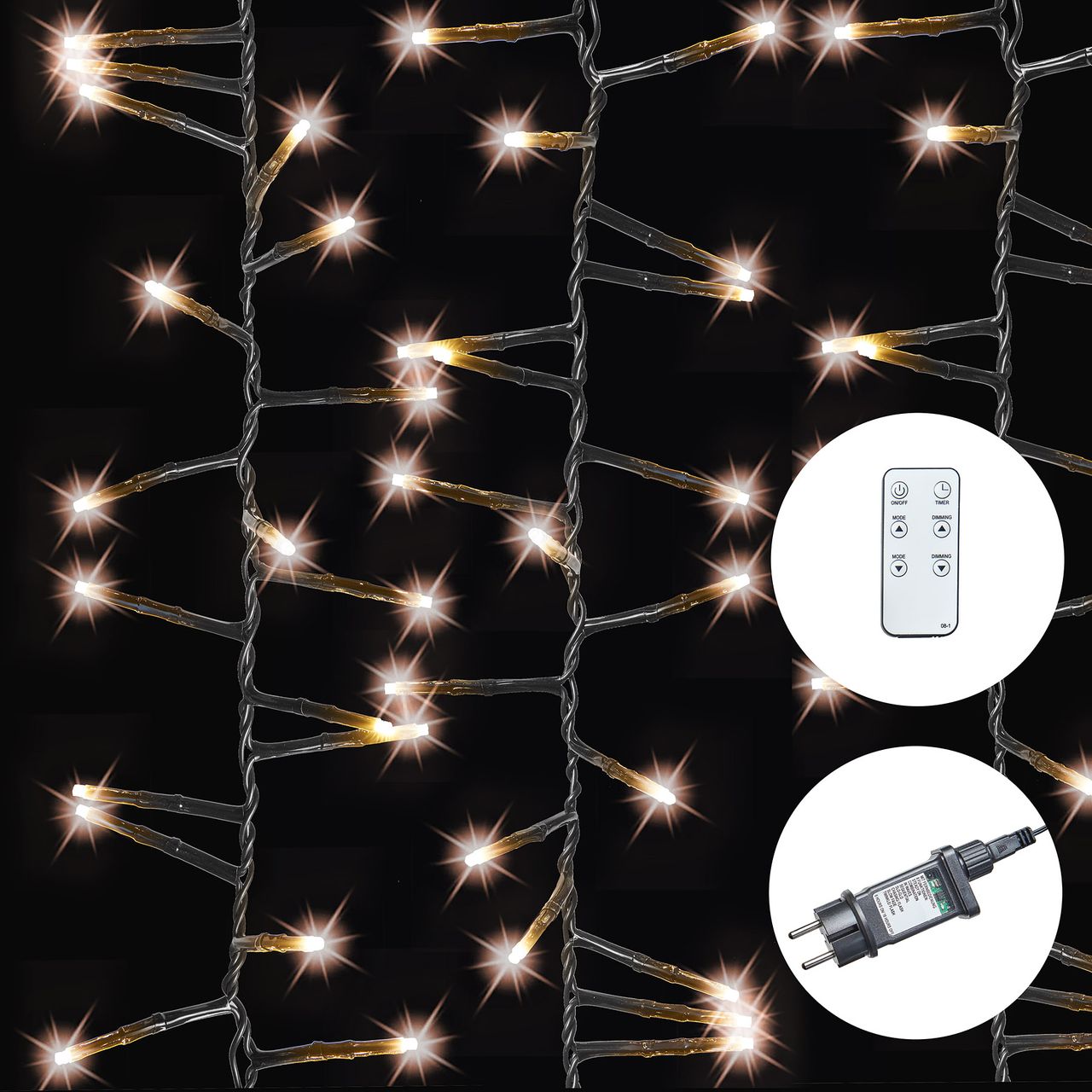 Weles AMARE 1000 LED Lichterkette warmweiß Länge 30 m (zzgl. 5 m Zuleitung), für den Innen- und Außenbereich, 8 Leuchtmodi/Fernbedienung/Timer /Dimmfunktion