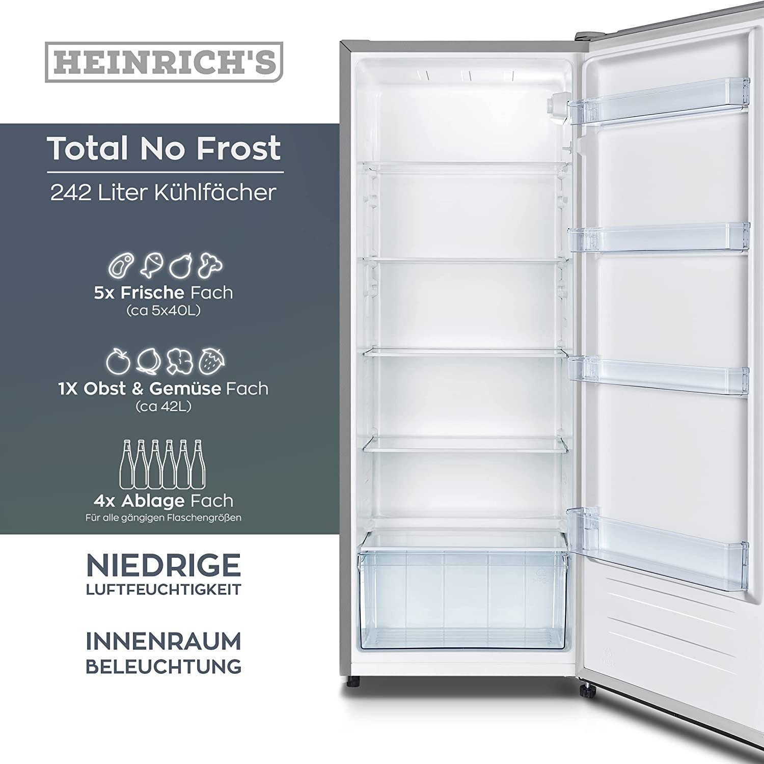 Heinrich´s Kühlschrank Vollraumkühlschrank HVK 3096, 143.4 cm hoch, 55 cm breit, freistehender Kühlschrank, 242 Liter, No-Frost Funktion