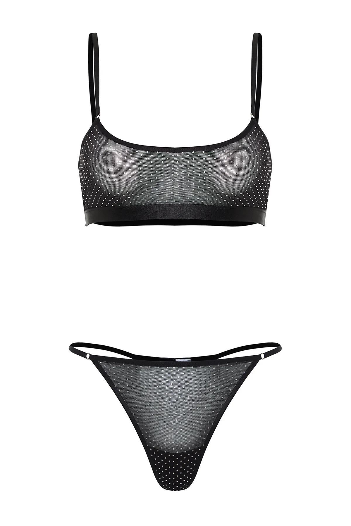 Trendyol Collection  Schwarzes, glänzend bedrucktes Tüll-Unterwäscheset mit Seilriemen und ohne Kappe aus Strick THMSS24CC00017