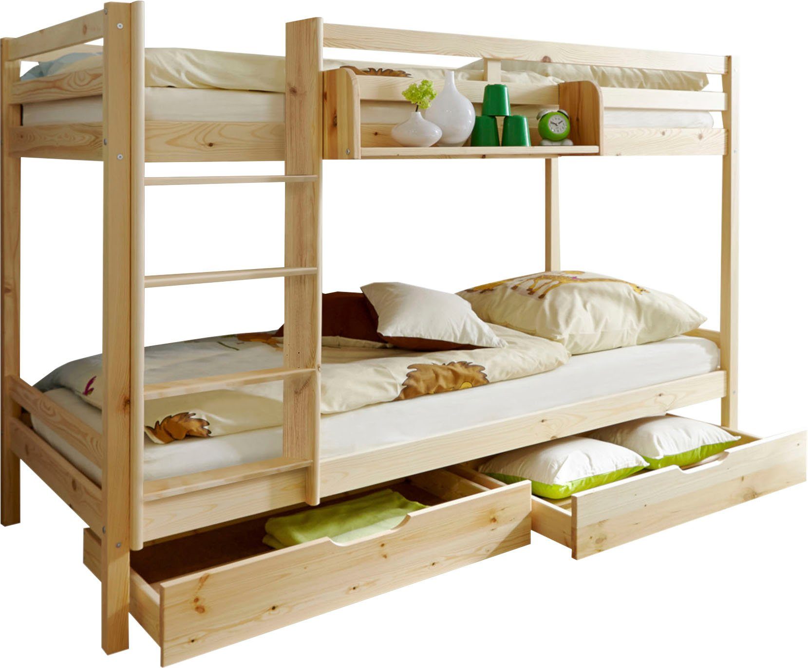 Ticaa Etagenbett René, Hochbett, TOPSELLER! In 2 Farben, 90x200cm, FSC® zertifiziertes Massivholz, mit Trittleiter + Rundum-Absturzschutz