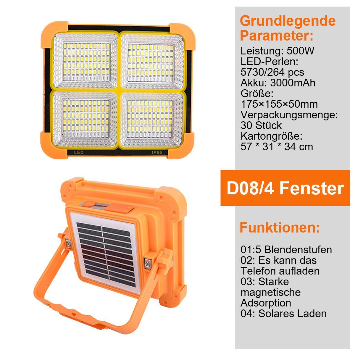 yozhiqu Baustrahler LED-Solarleuchte, Notbeleuchtung, tragbare Außenleuchte, Tragbarer D8-Solarscheinwerfer für Camping-Nachtmarktstände
