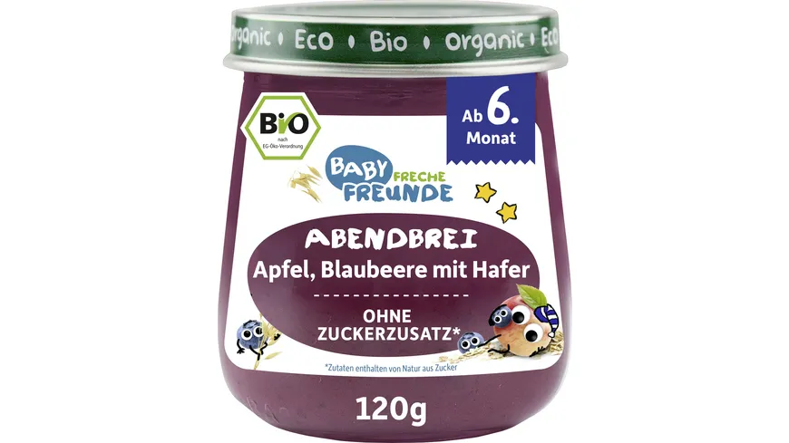 Freche Freunde Bio Gläschen Abendbrei Apfel, Blaubeere mit Hafer 120 g
