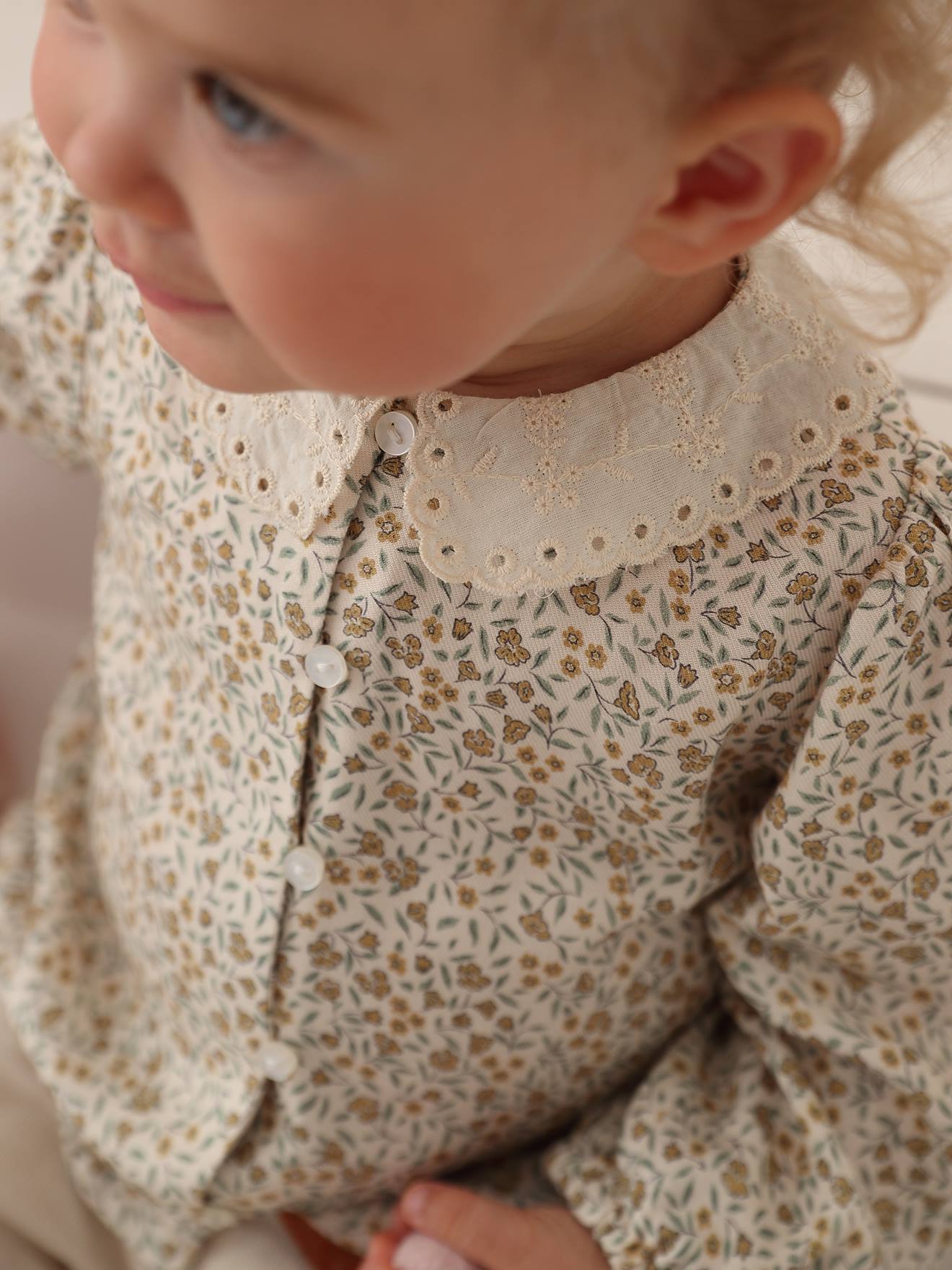 Blouse impriméé bébé col brodé vieux rose