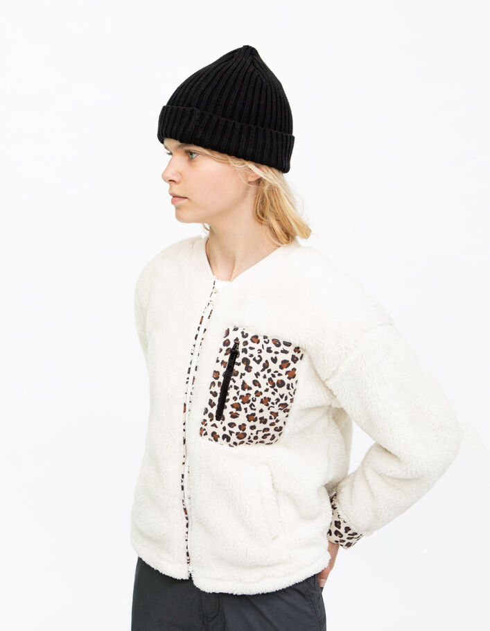 Cardigan écru fourré avec détails motif léopard fille