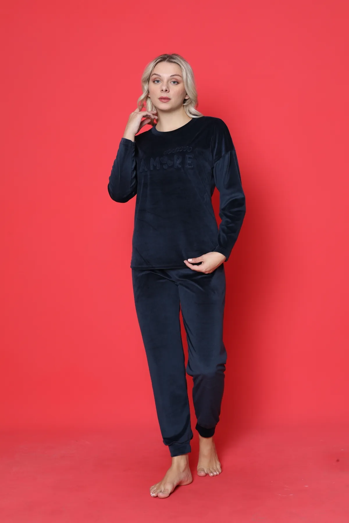 AHENGİM  Pyjama-Set für Damen, französischer Samt, Amore, bedruckt, Spatenmanschette, Winter, saisonal, W20432250