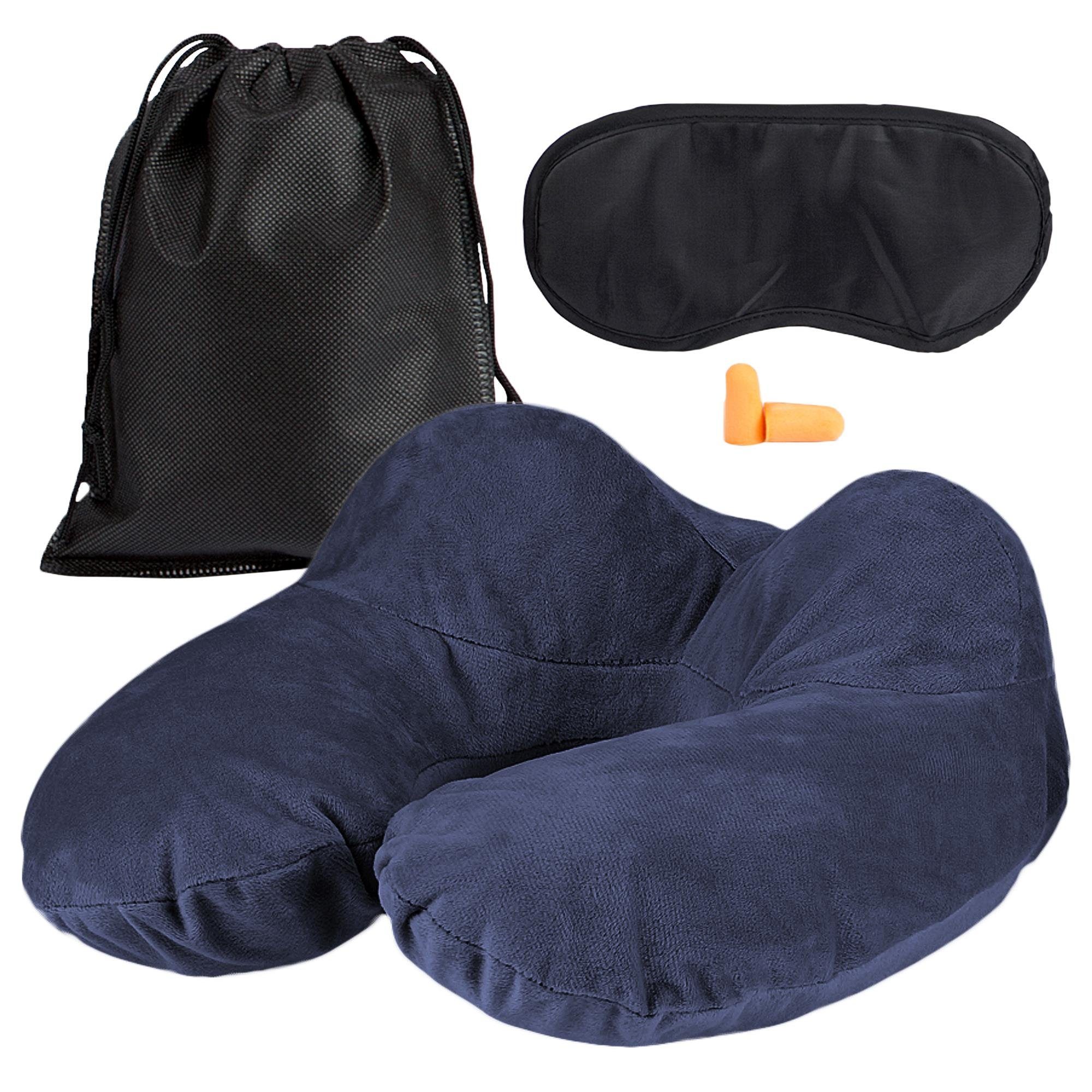 EAZY CASE Nackenhörnchen Aufblasbares Nackenhörnchen mit Stoffbezug, Nackenhörnchen, ergonomisch, U-Form, aufblasbares Nackenkissen, Camping, Weiches Fleece Kissen, Auto Reise Set inklusive Schlafmaske & Ohrstöpsel, Blau