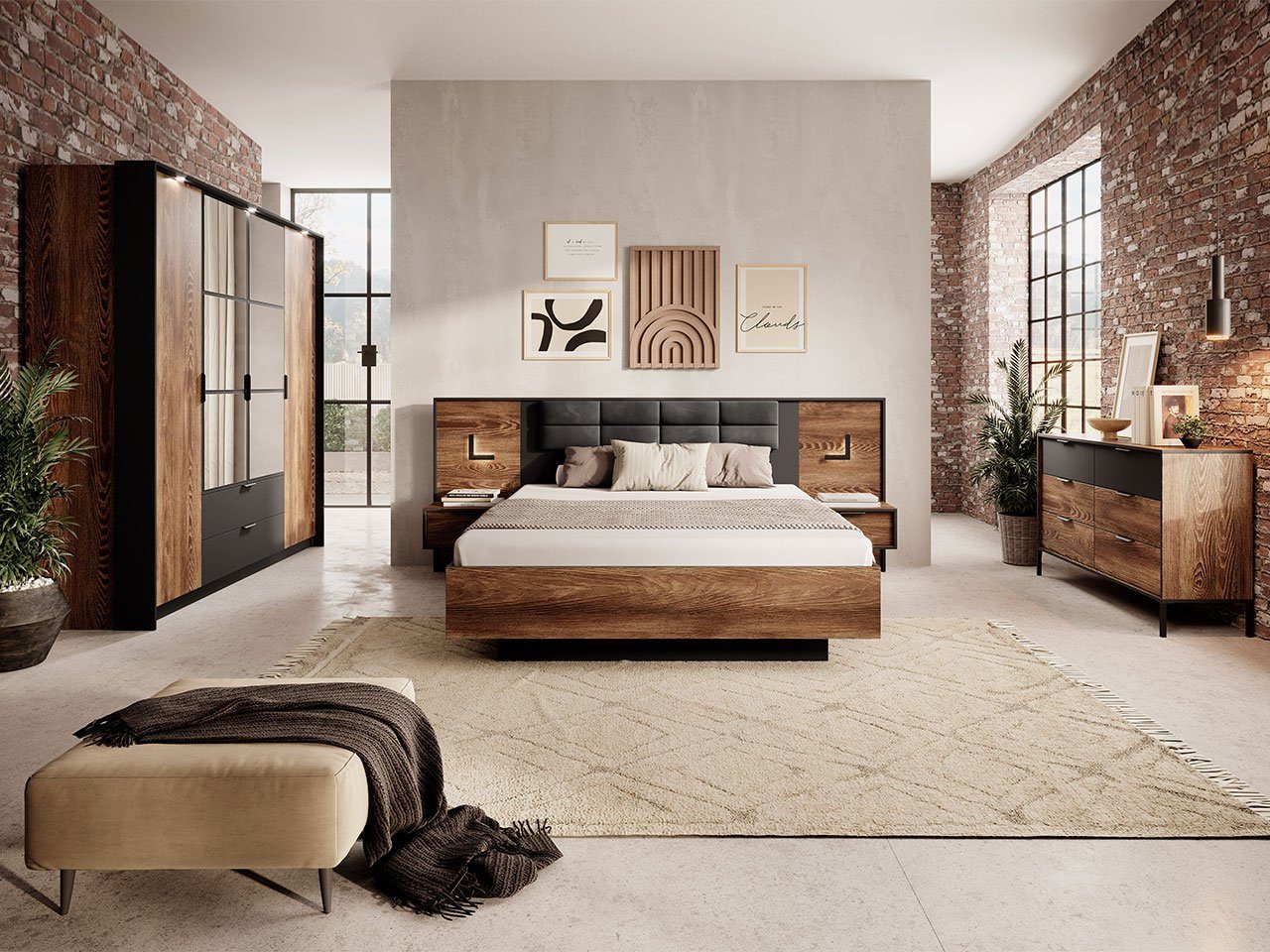 Mirjan24 Schlafzimmer-Set Milton I, (5er-Set, Kommode, 2x Nachttisch, Kleiderschrank, Bett), Metallgriffe in der Farbe Schwarz