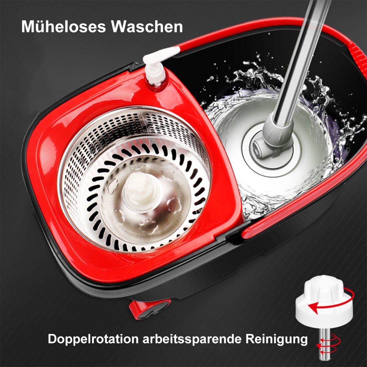 Hikeren Wischmopp Bodenwischer-Set mit Turbo,Leicht auswringen reinigen,3 Mikrofasertuch, Mit Putzeimer, drehbar