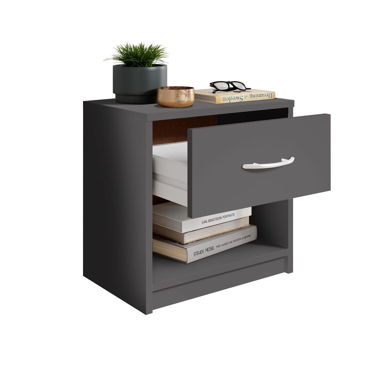 möbelando Nachtkommode Bettine, Nachttisch Graphit - Schlichter Nachtschrank mit einer Schublade passend zu jedem Bett & Schlafzimmer - 39 x 41 x 28 cm (B/H/T)