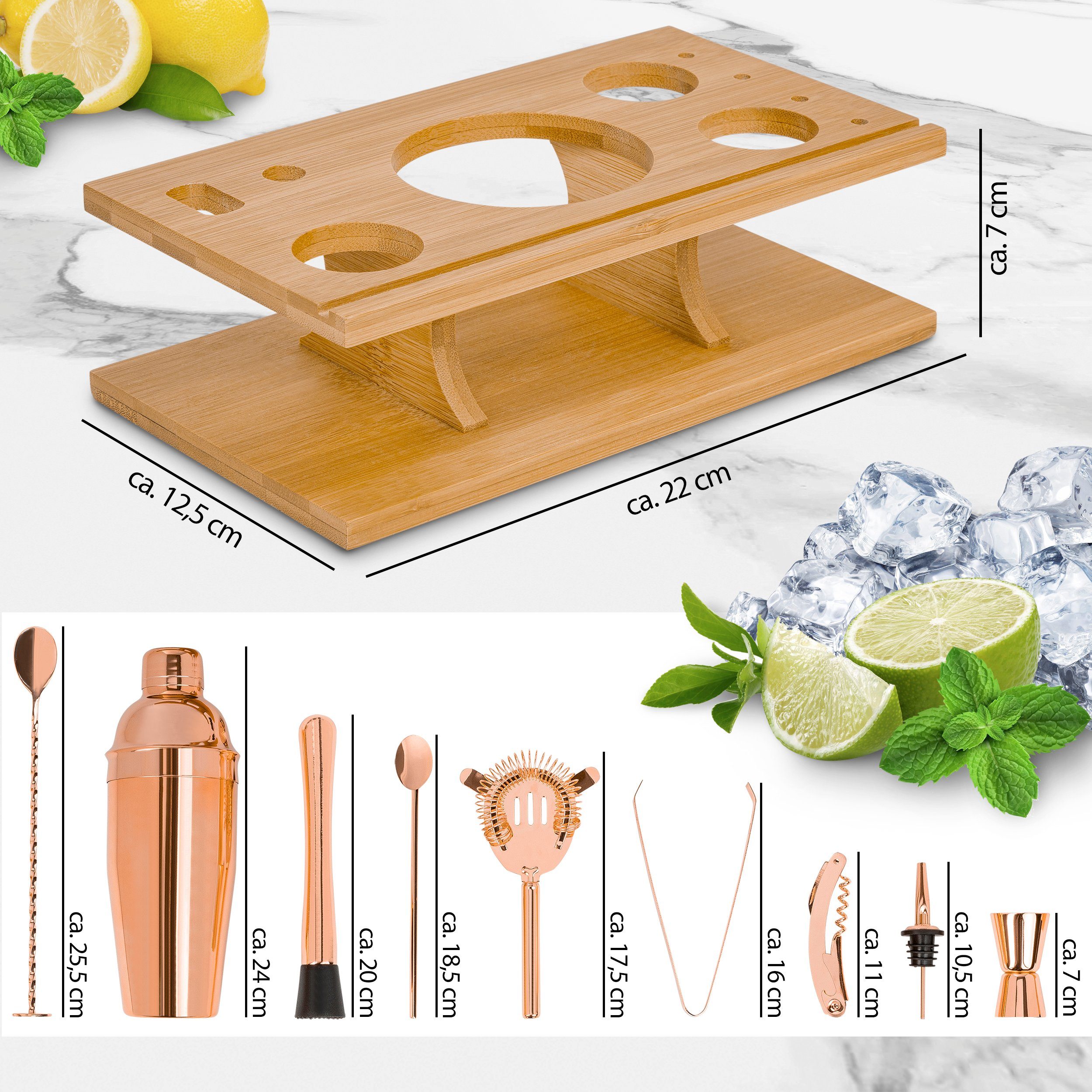 ONVAYA Cocktail Shaker Cocktail Set in Rosé-Gold, Cocktail Geschenkset mit Bambus-Halter