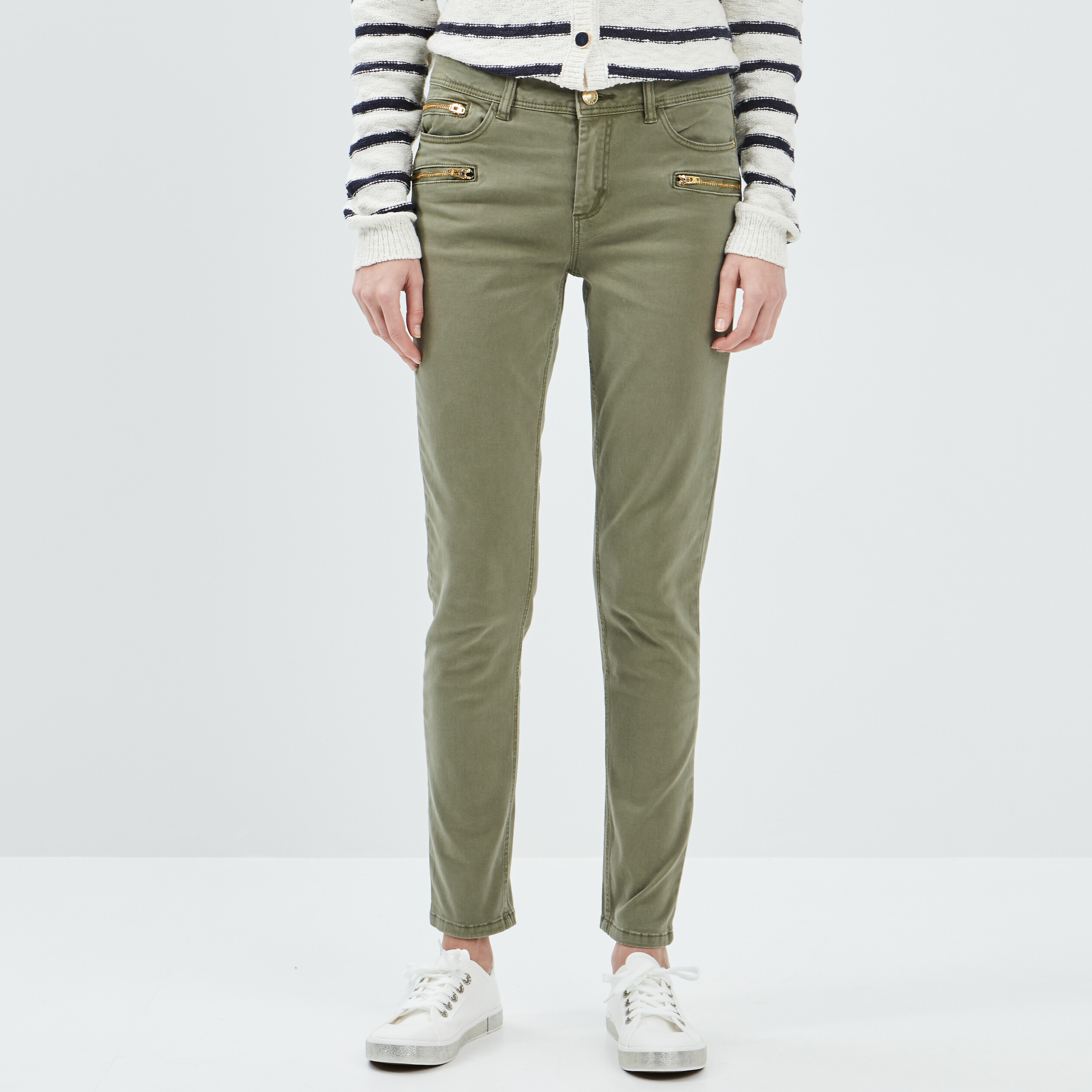 Pantalon skinny détails zippés vert kaki femme | La Halle