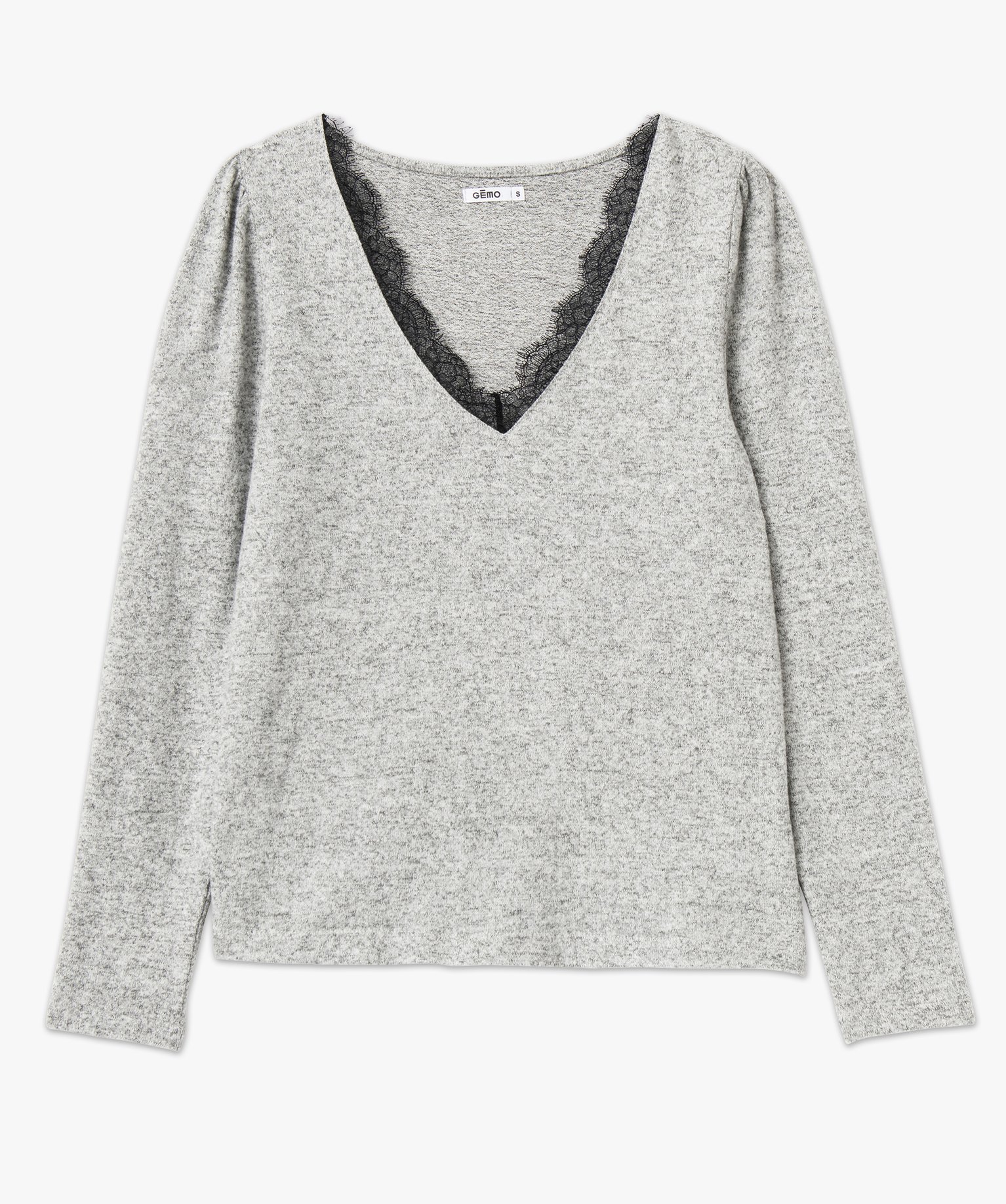 Tee-shirt à manches longues avec col V en dentelle femme gris clair | GEMO