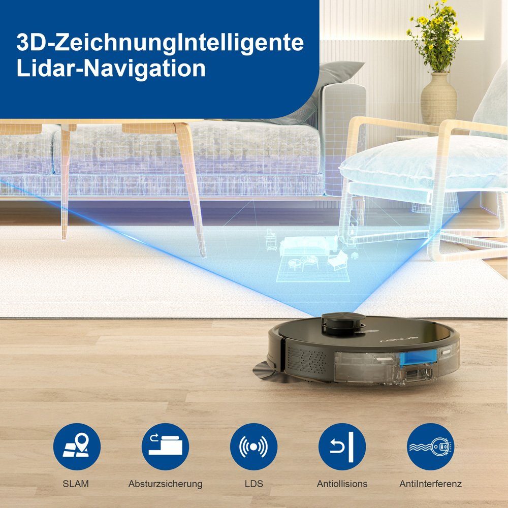 aonus Saugroboter i8 Nass-Trocken-Saugroboter Saug- und Wischroboter 3700Pa, 42,00 W, mit Beutel, App Steuerung und 3,5L-Automatisches Staubsauger-System.Laser