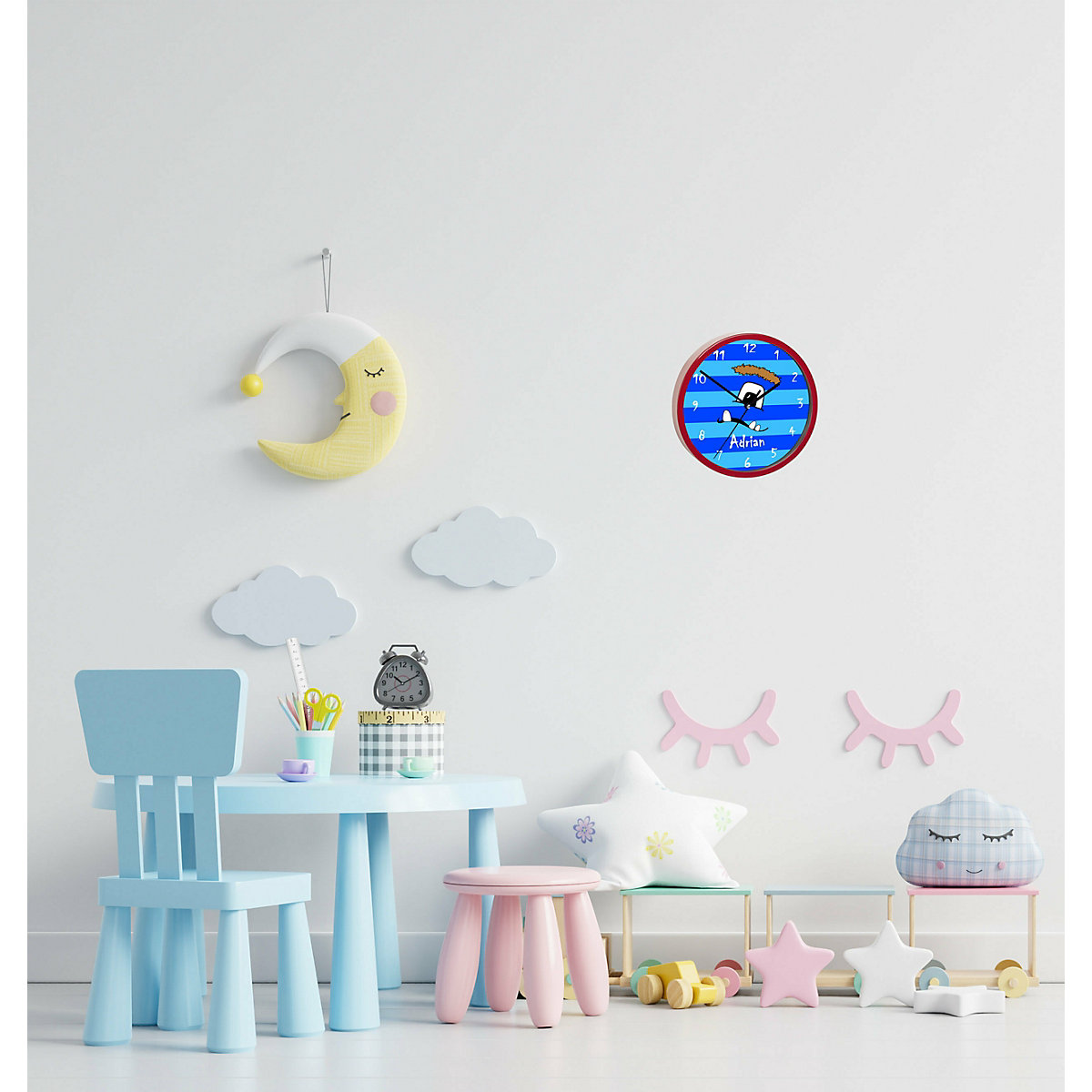 Kinder Wanduhr personalisiert mit Name Monster Streifen blau