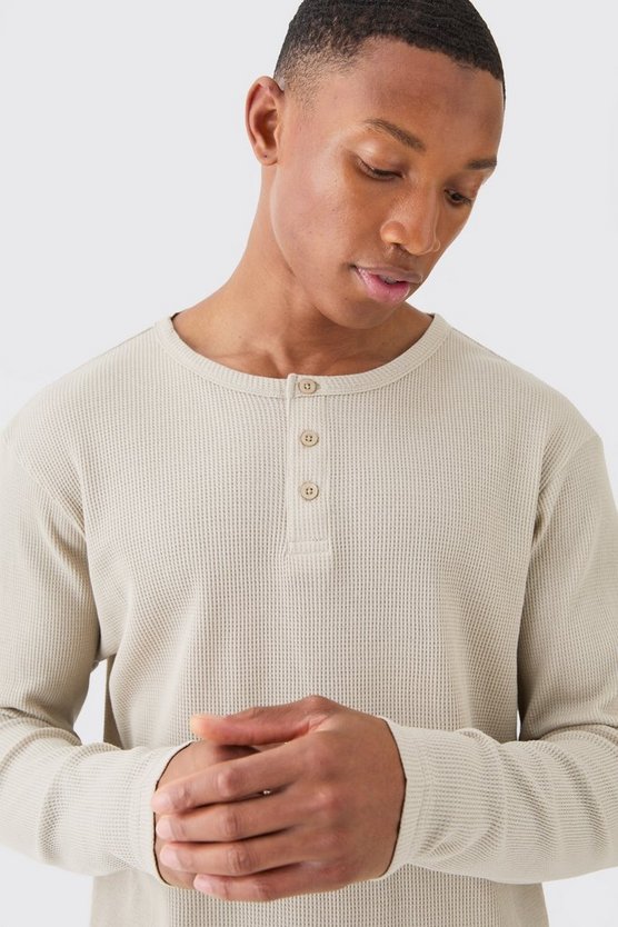 Langärmliges Loungewear-Oberteil in Waffeloptik mit Knopfleiste