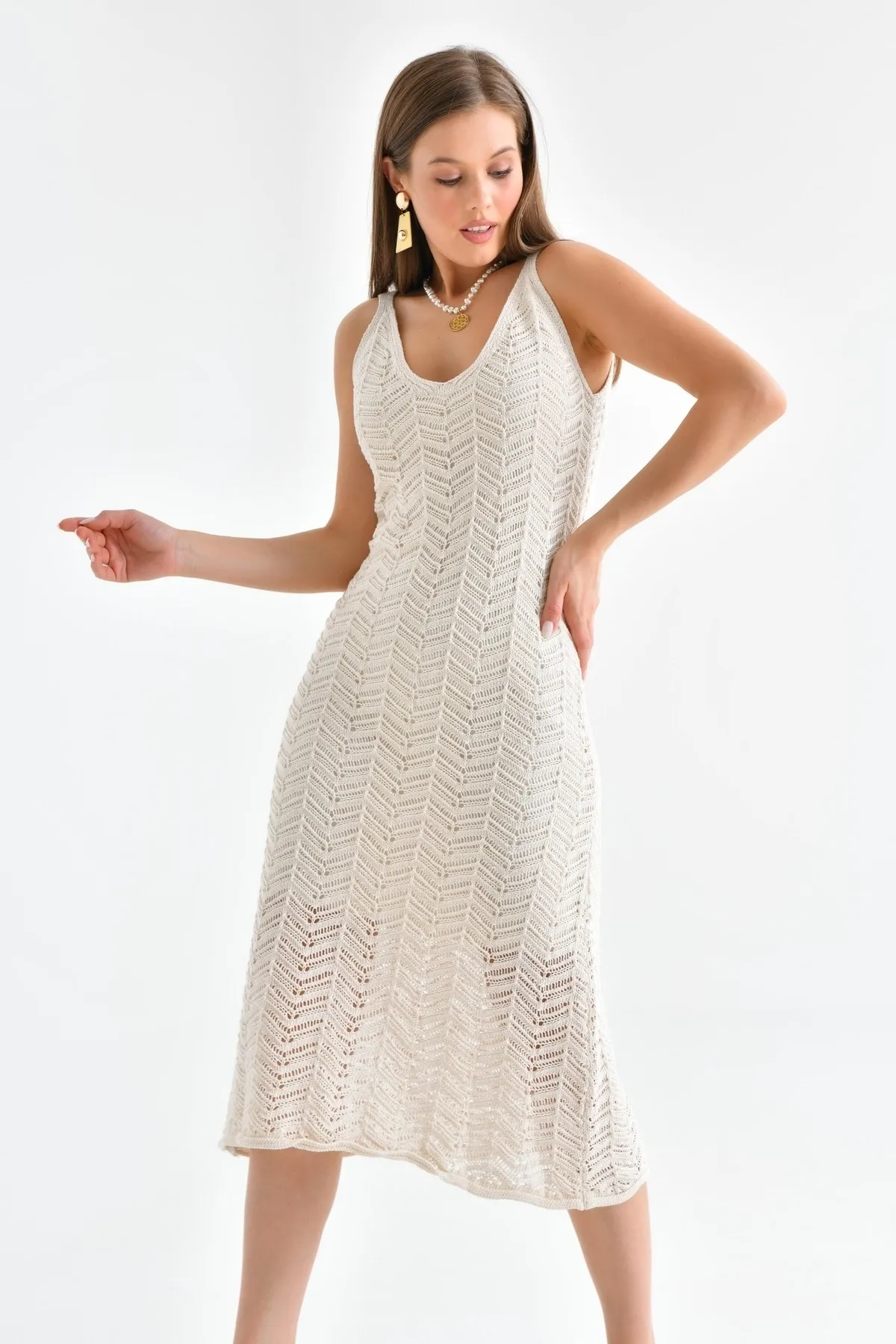 VOLT CLOTHİNG  Damen Sommerkleid mit Riemchenmuster und durchbrochener Strickfütterung