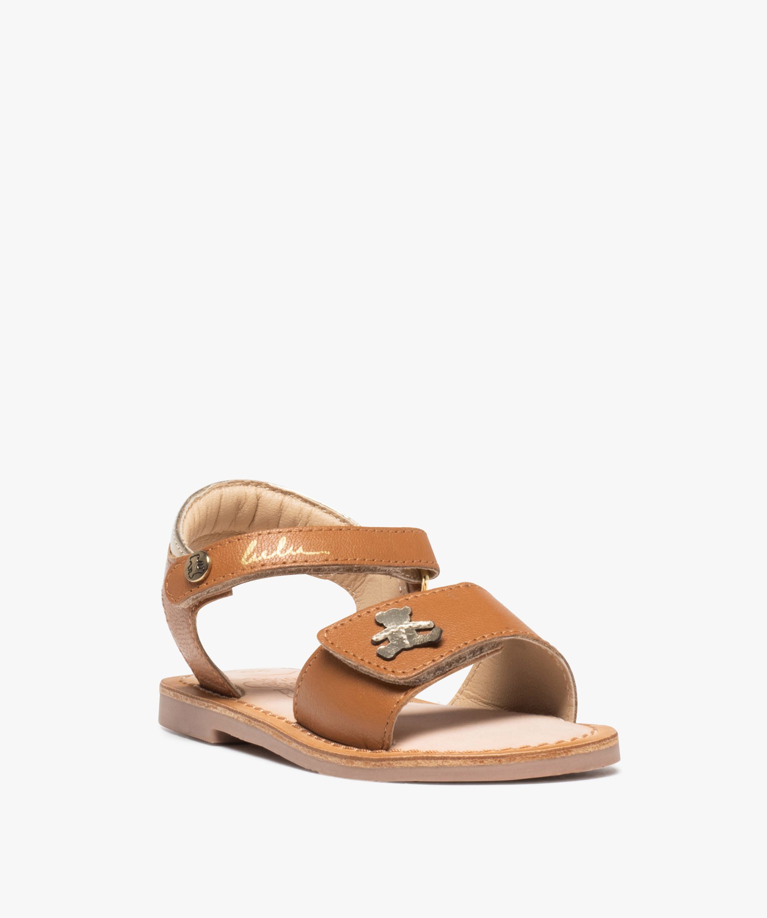 Sandales fille unies dessus en cuir et détail brillant - Lu... camel | GEMO
