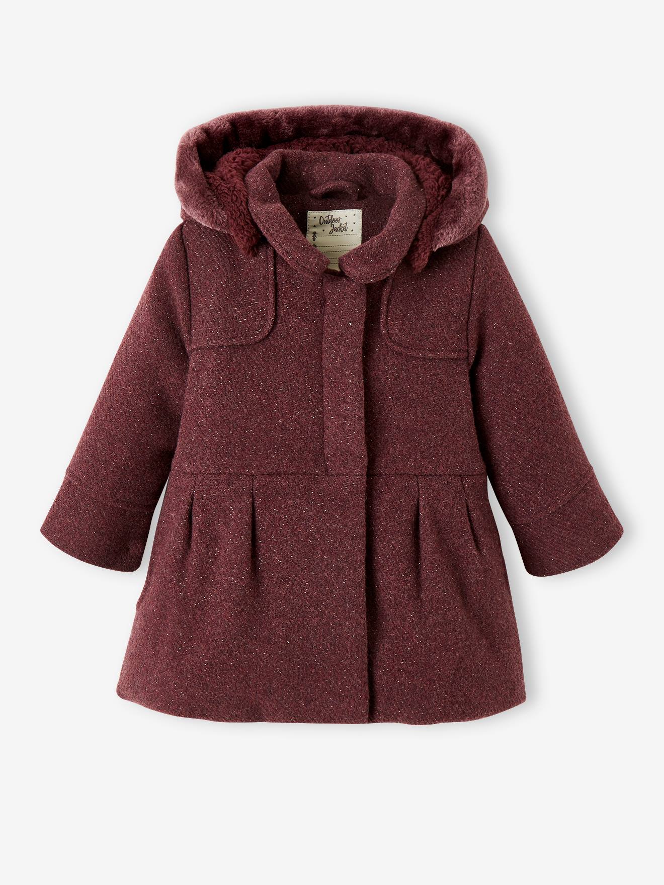 Manteau à capuche en drap de laine fille marine grisé