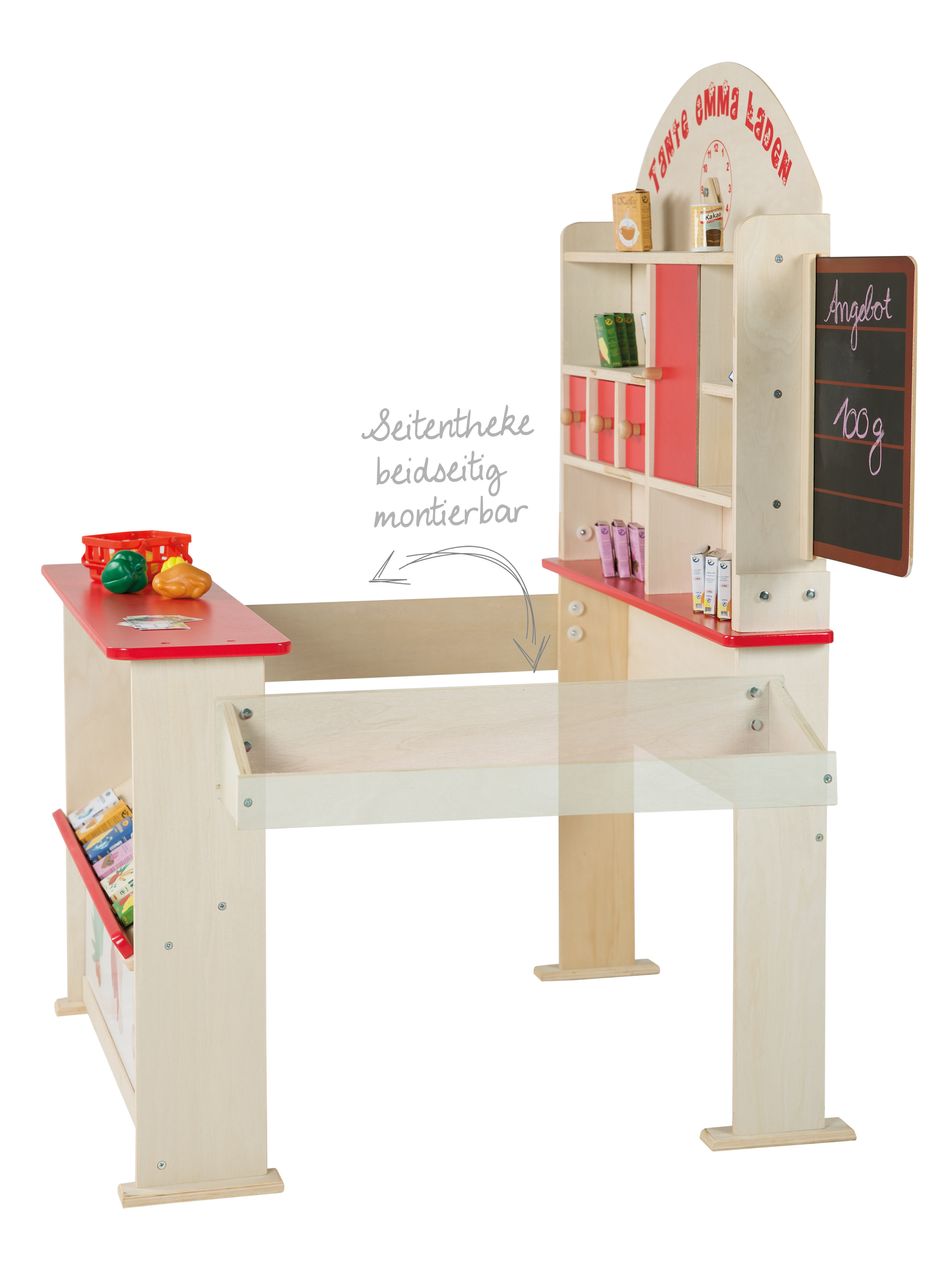 Roba Kaufladen 'Tante Emma', Holz natur, mit Theke, Tafel, Seitentheke & Markststand Bedruckung