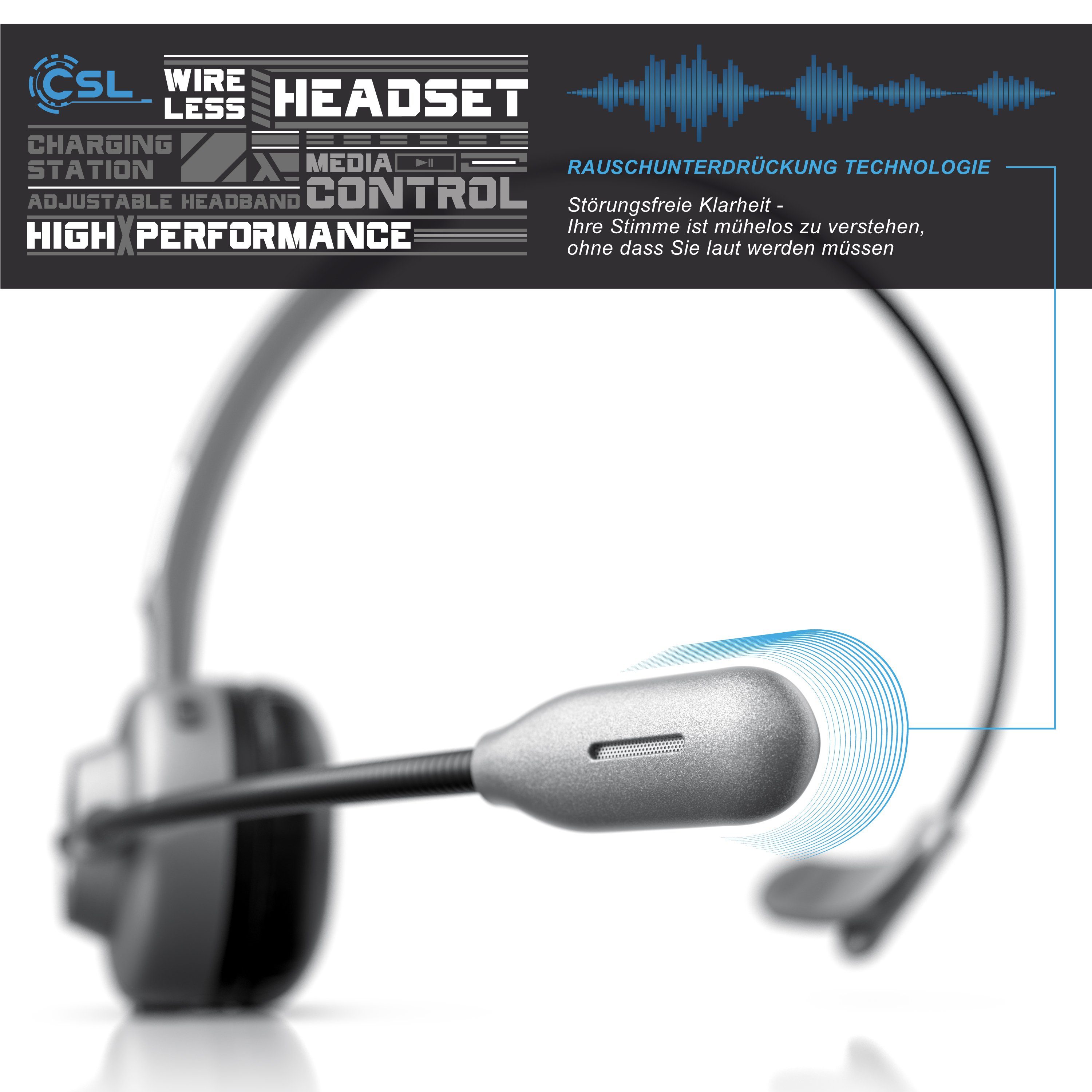 CSL Wireless-Headset (Bluetooth, Mono, Bluetooth, Ladestation, Kopfhörer mit flexiblem Mikrofon)