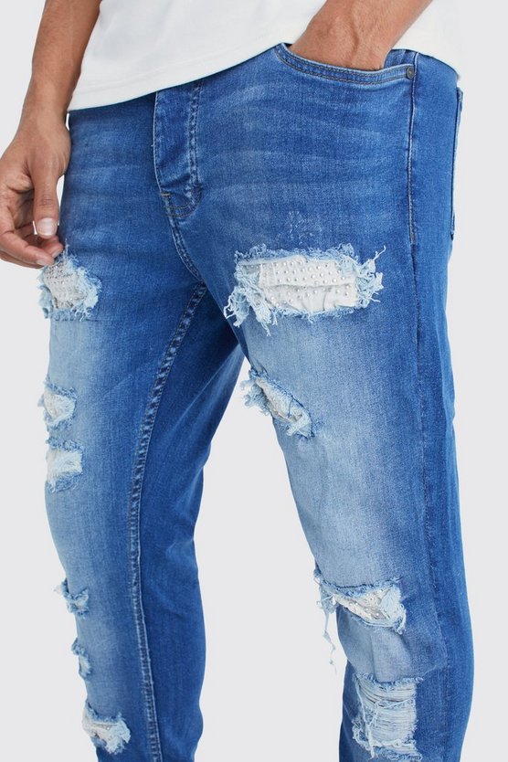 Zerrissene Skinny Stretch Jeans mit Strass