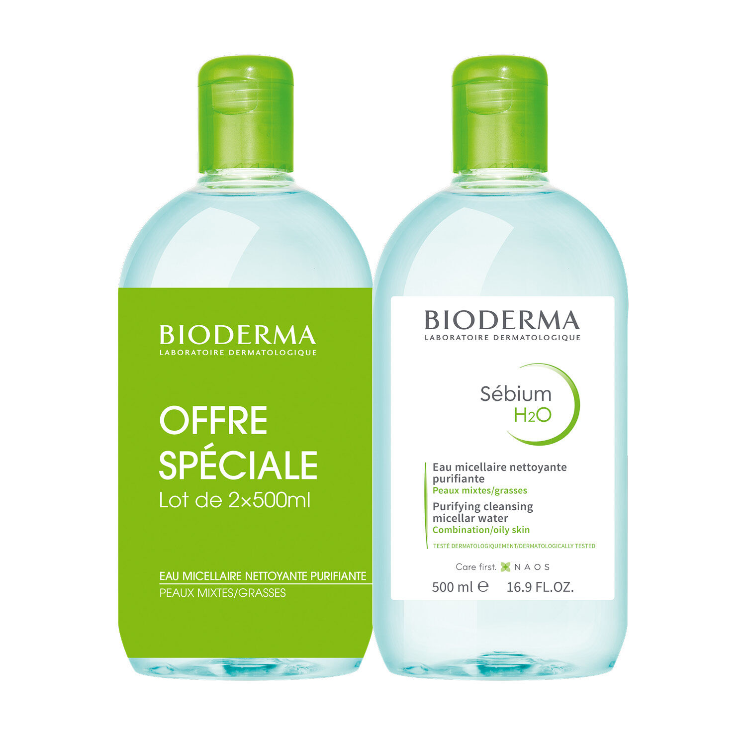 Bioderma Sébium H2O Eaux Micellaires Purifiantes - Peaux Mixtes à Grasses 2 x 500 ml