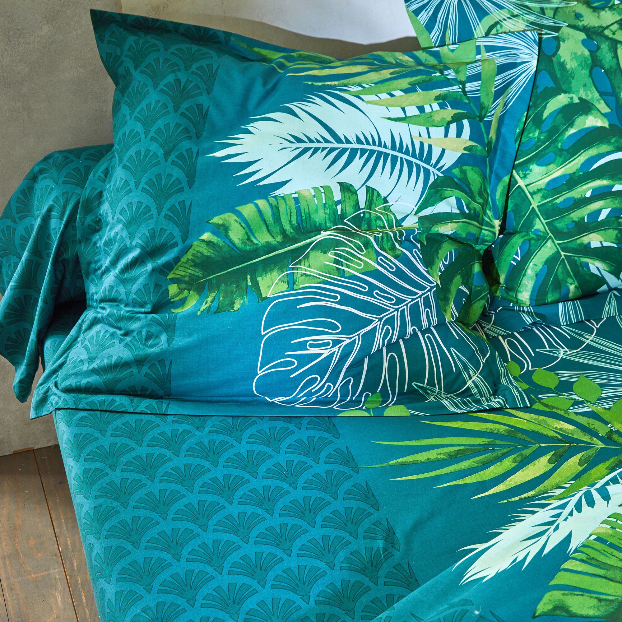 Linge de lit Cayenne en coton imprimé feuilles de palmiers