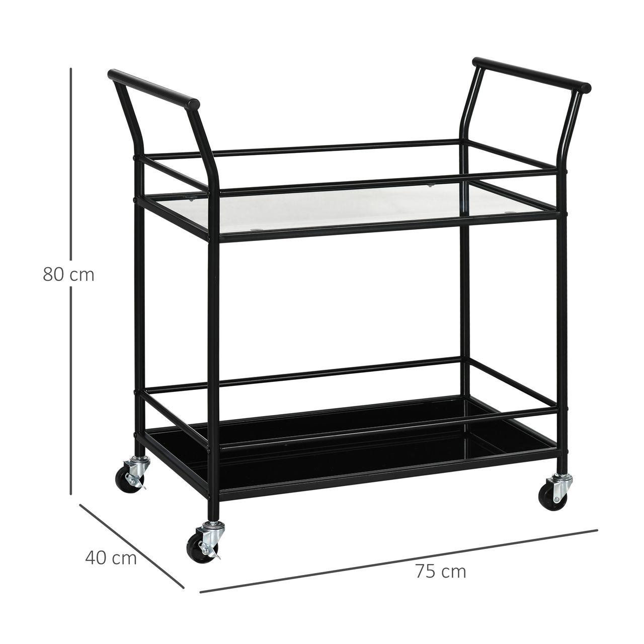 HOMCOM Küchenwagen, Rollwagen, Servierwagen mit 2 Ablagen, Trolley, Beistellwagen auf Rollen, Aufbewahrungswagen für Küche, Metall, Schwarz, 75 x 40 x 80 cm