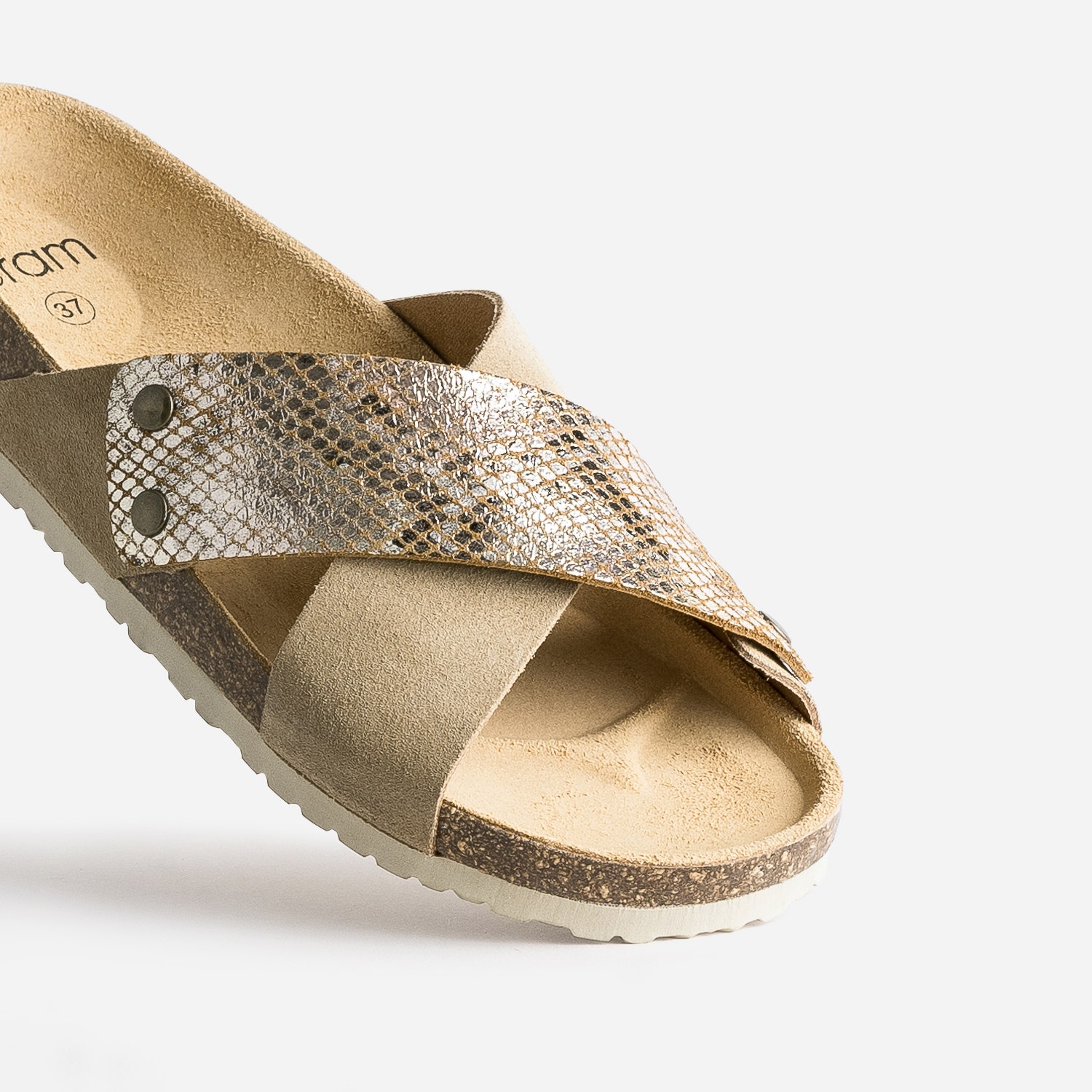 Brides amovibles beiges en cuir effet python doré