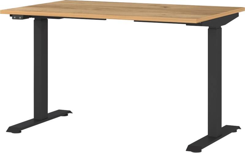 GERMANIA Sitz-Stehschreibtisch Metall, Spanplatte Eiche Schwarz T-Fuß 1.200 x 800 x 1.200 mm