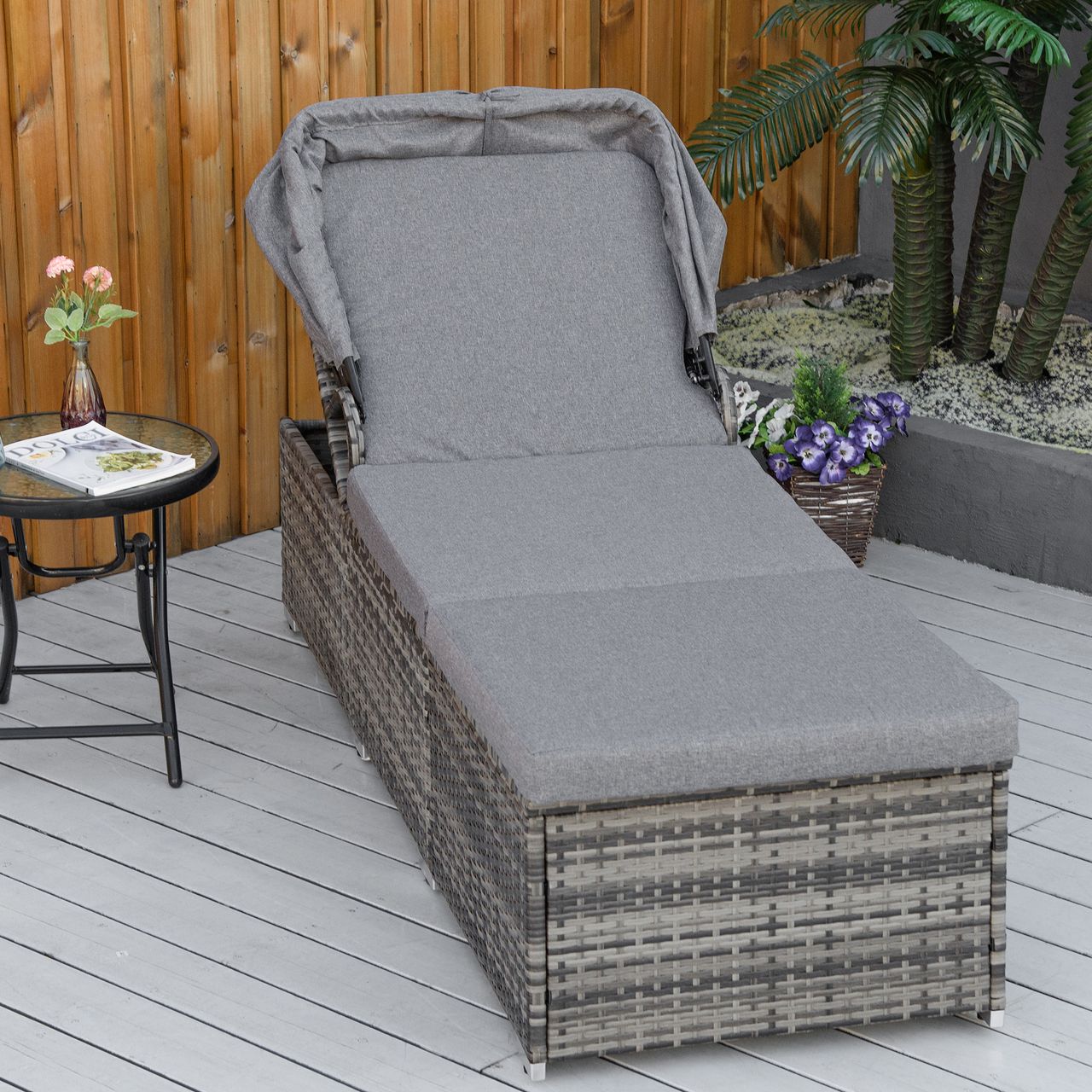 Outsunny Sonnenliege aus Polyrattan mit Sonnendach Gartenliege verstellbar Rattanliege Gartenmöbel Liege mit Kissen Grau 195 x 65 x 40 cm