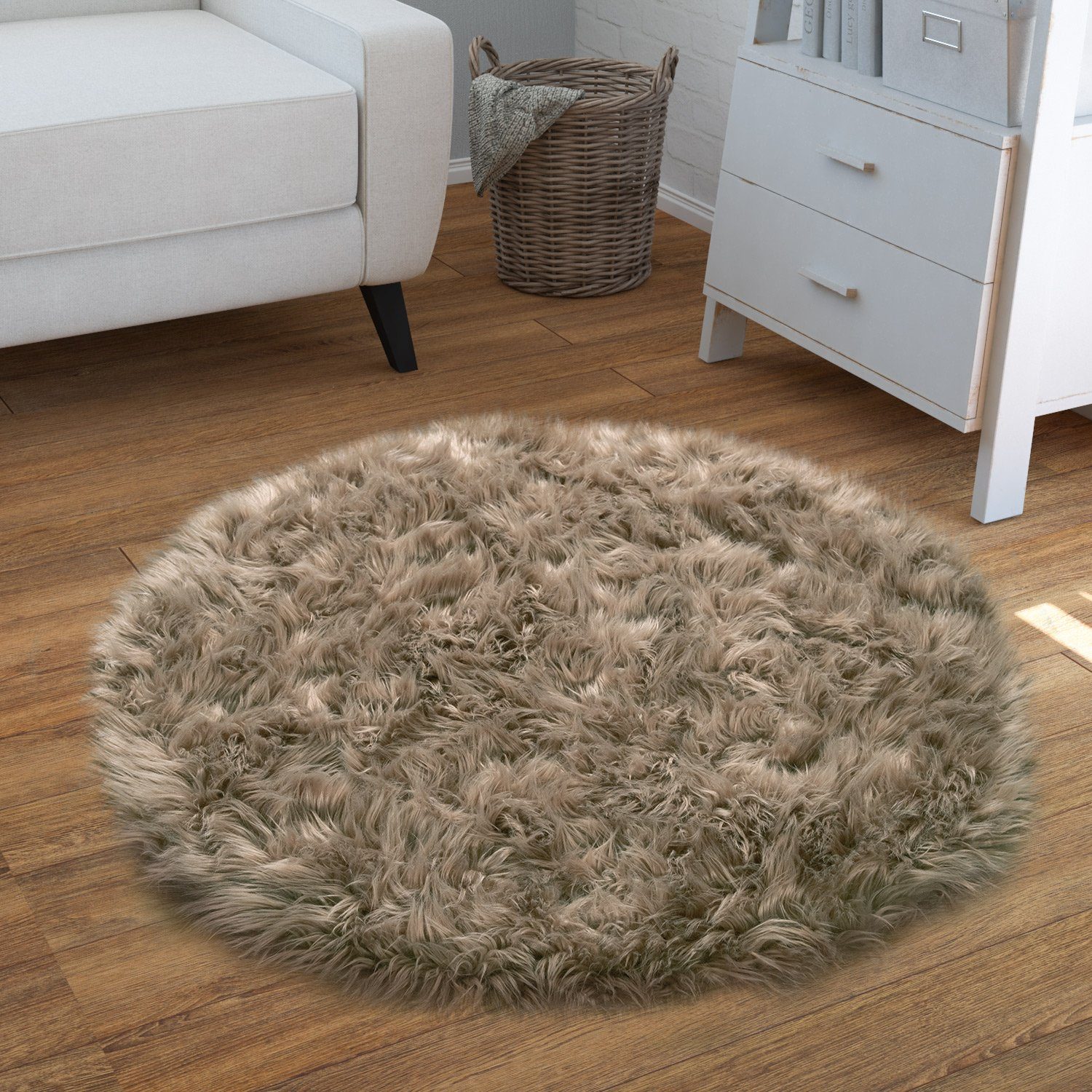 Fellteppich Wohnzimmer Hochflor Teppich Kunst-Fell Design, TT Home, rund, Höhe: 64 mm