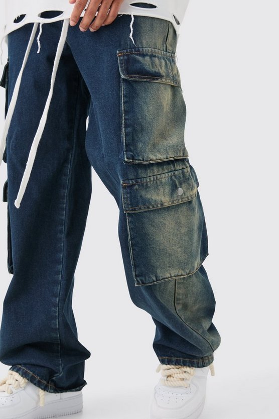 Lockere Cargo-Jeans mit elastischem Bund und Acid-Waschung