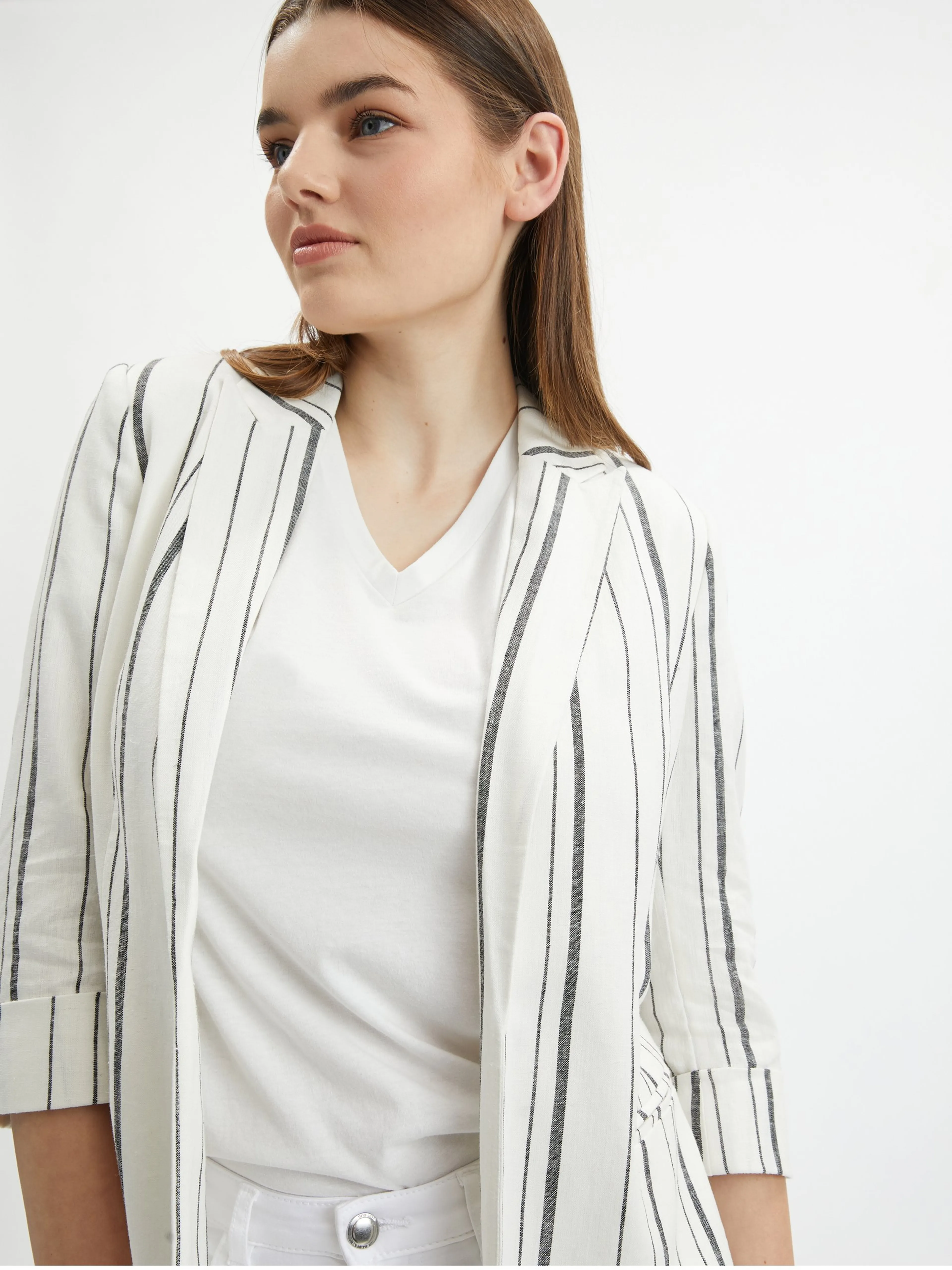 Weiße gestreifte Damen-Leinenjacke ORSAY