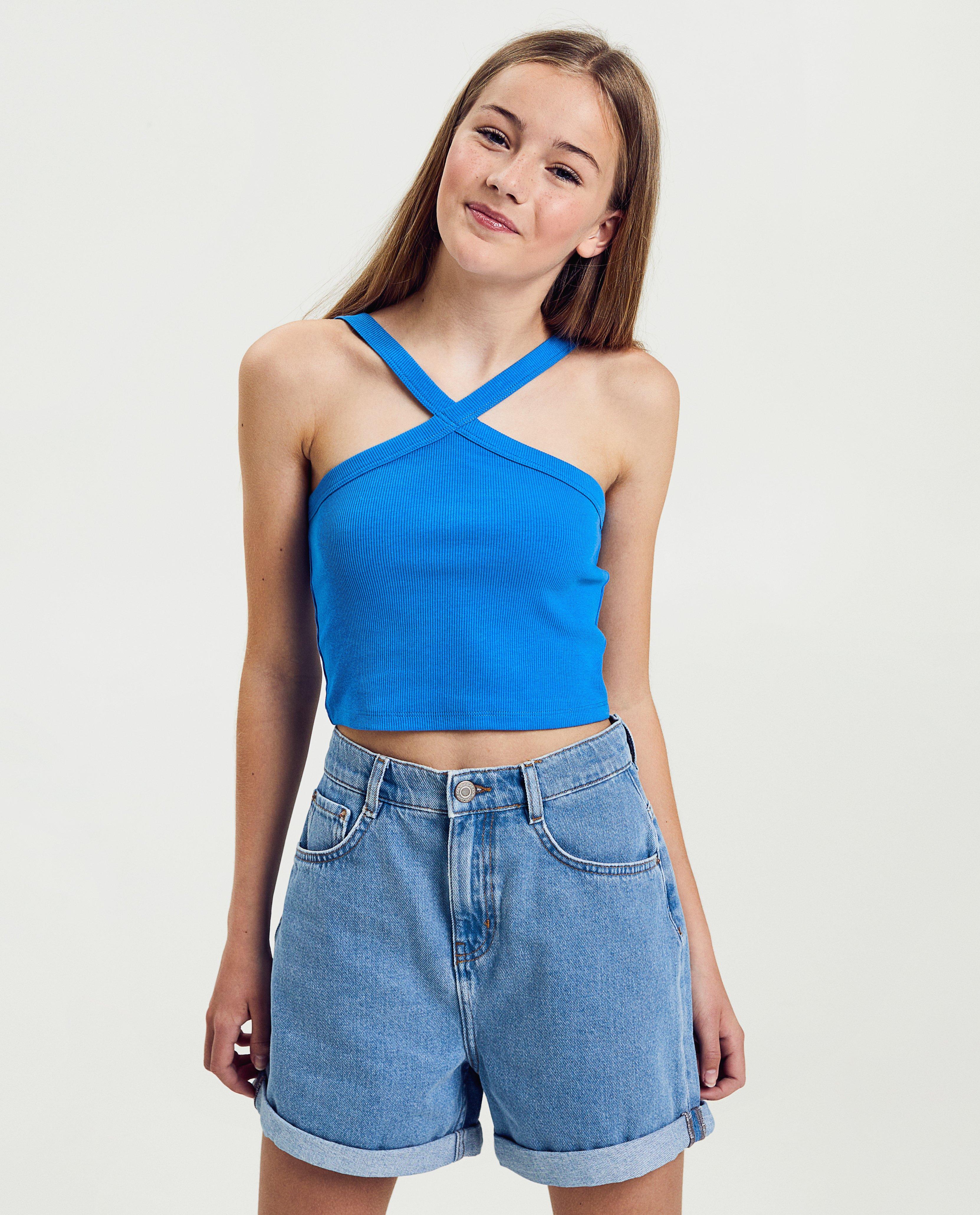 Groggy topp med fina ribbstickade kanter, cropped fit blå