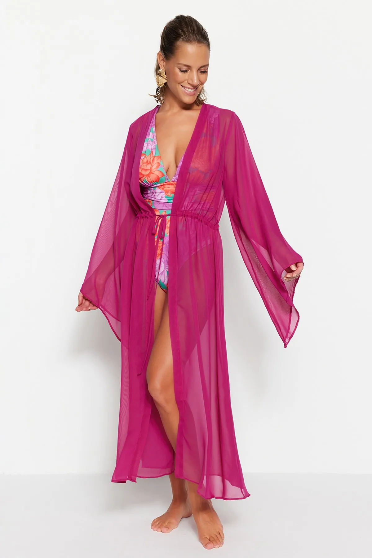 Trendyol Collection  Fuchsiafarbener gewebter Maxi-Kimono und Kaftan mit Gürtel TBESS23KM00029
