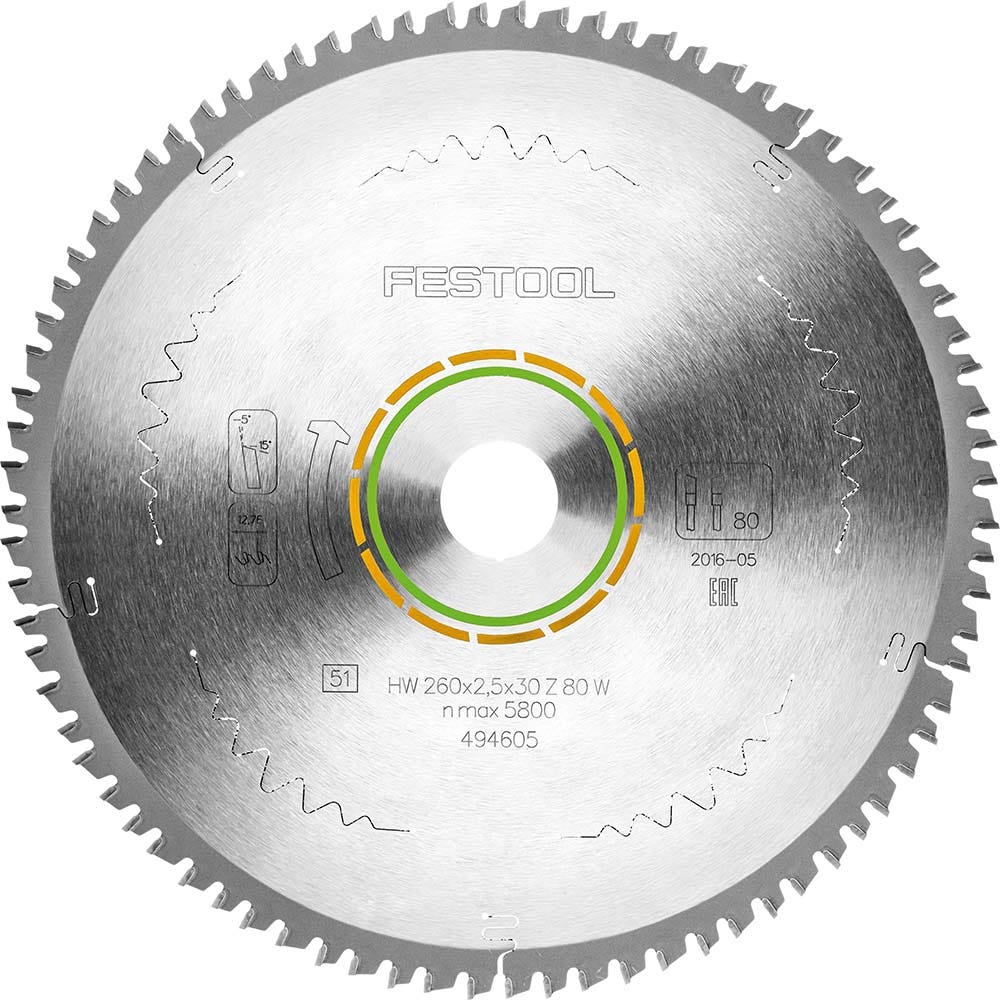 FESTOOL 260mm 80T TCT Circular Saw Blade for Veneered Panel Cutting