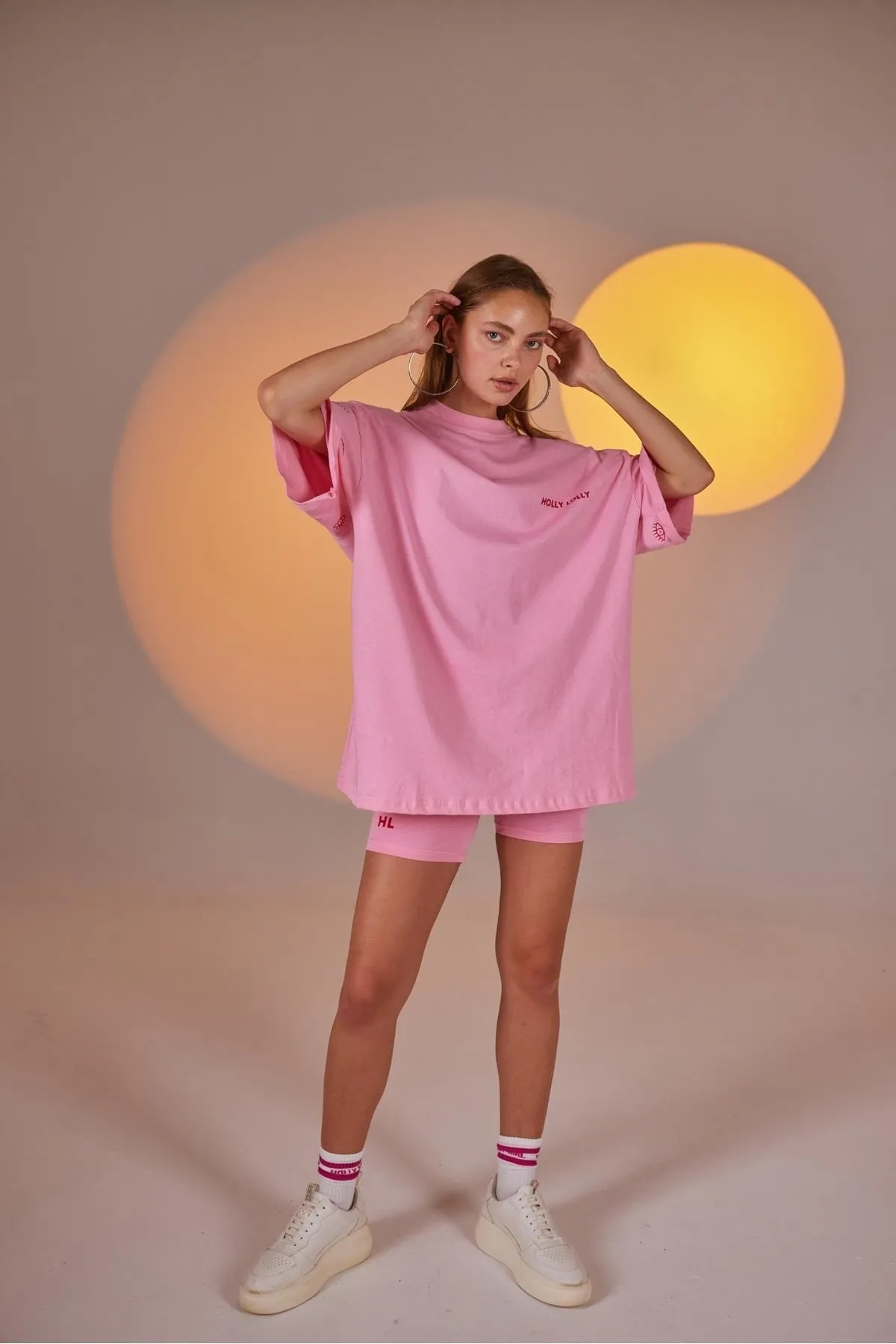 HOLLY LOLLY  Eye bedrucktes Oversize-Eye-T-Shirt-Biker-Strumpfhosen-Set in Rosa