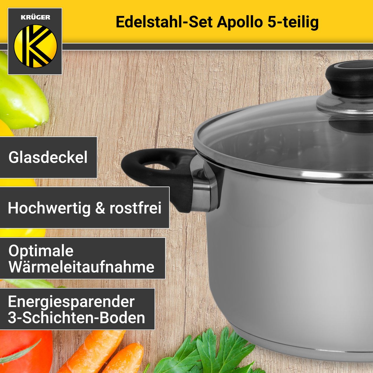 Karl Krüger Edelstahltopfset APOLLO, 5 tlg.