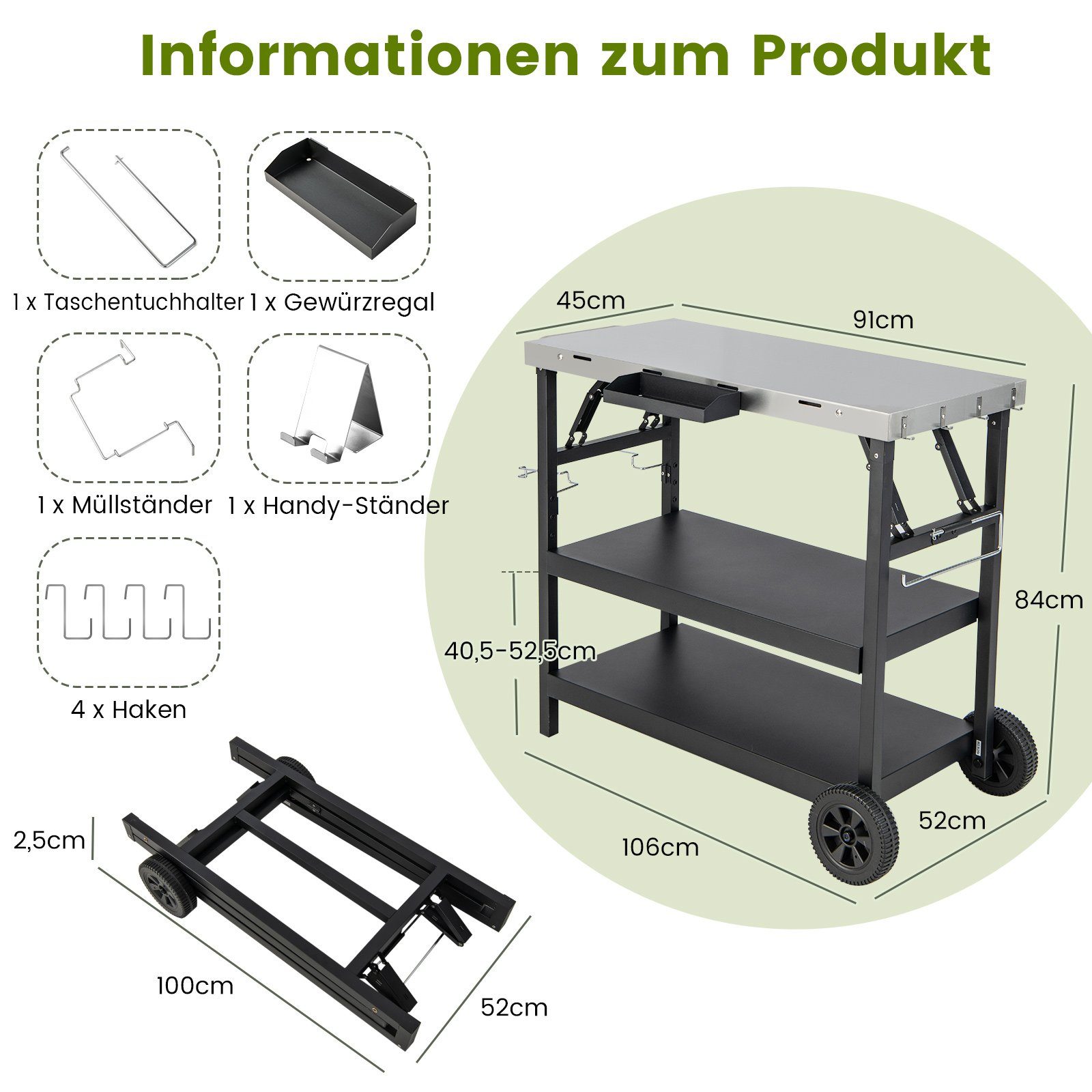 COSTWAY Grillablagetisch Grillwagen, Servierwagen, Edelstahl