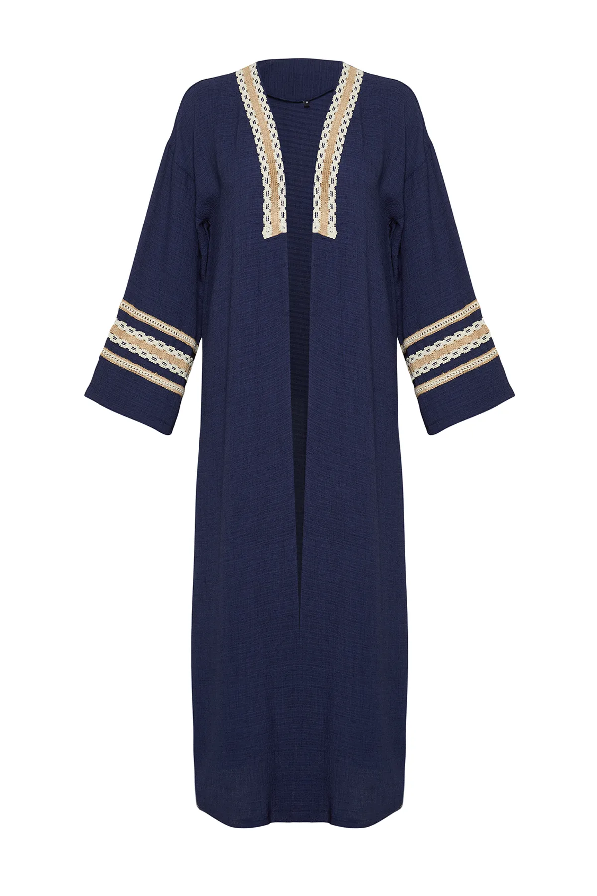 Trendyol Modest  Langer gewebter Kimono & Kaftan & Abaya mit Indigo-Brode-Details TCTSS24KF00006