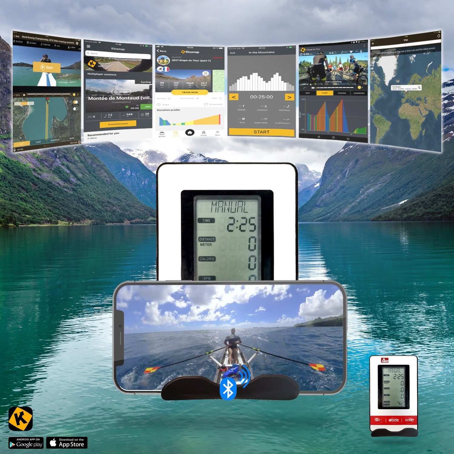 AsVIVA Rudergerät Wasser-Rudergerät AsVIVA RA18 Water Plane Pro, Kinomap kompatibel, Bluetooth für IOS oder Android