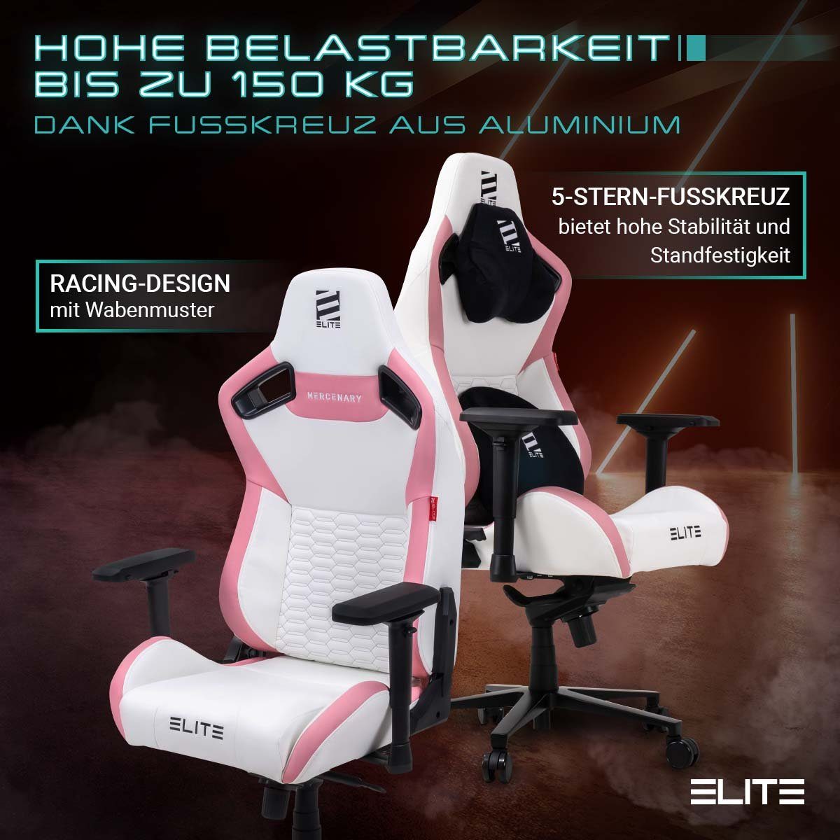 ELITE Gaming Gaming-Stuhl verstellbarer Profi Gamingstuhl ELITE Mercenary inkl. 4D-Armstützen (Drehstuhl inkl. Kopf- und Lendenwirkbelkissen (Alcantara-Optik), bis 150 kg, klappbare Rückenlehne - bis zu 135° neigbar, Home Office geeignet, Sicherheits