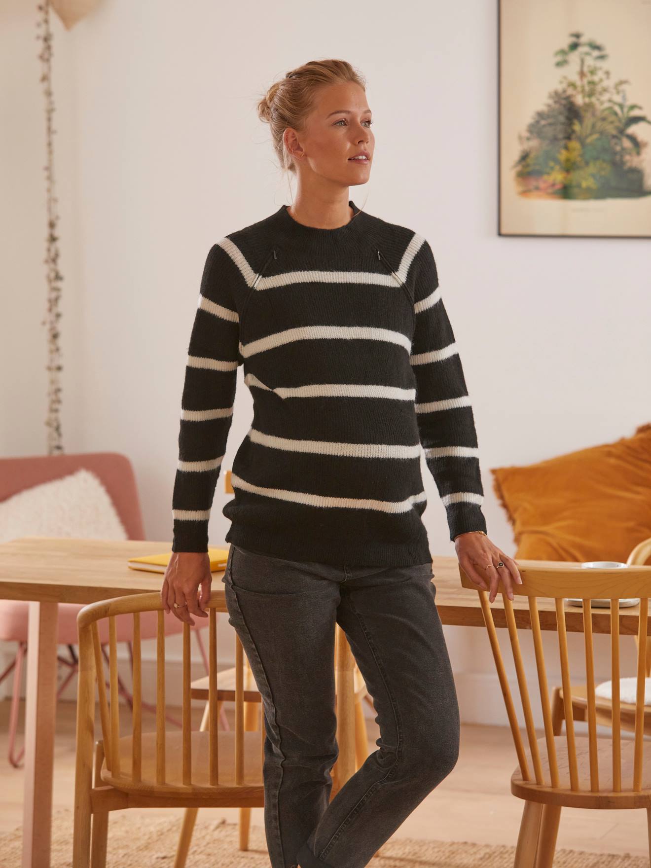 Vertbaudet Strickpullover für Schwangerschaft & Stillzeit - schwarz/beige gestreift