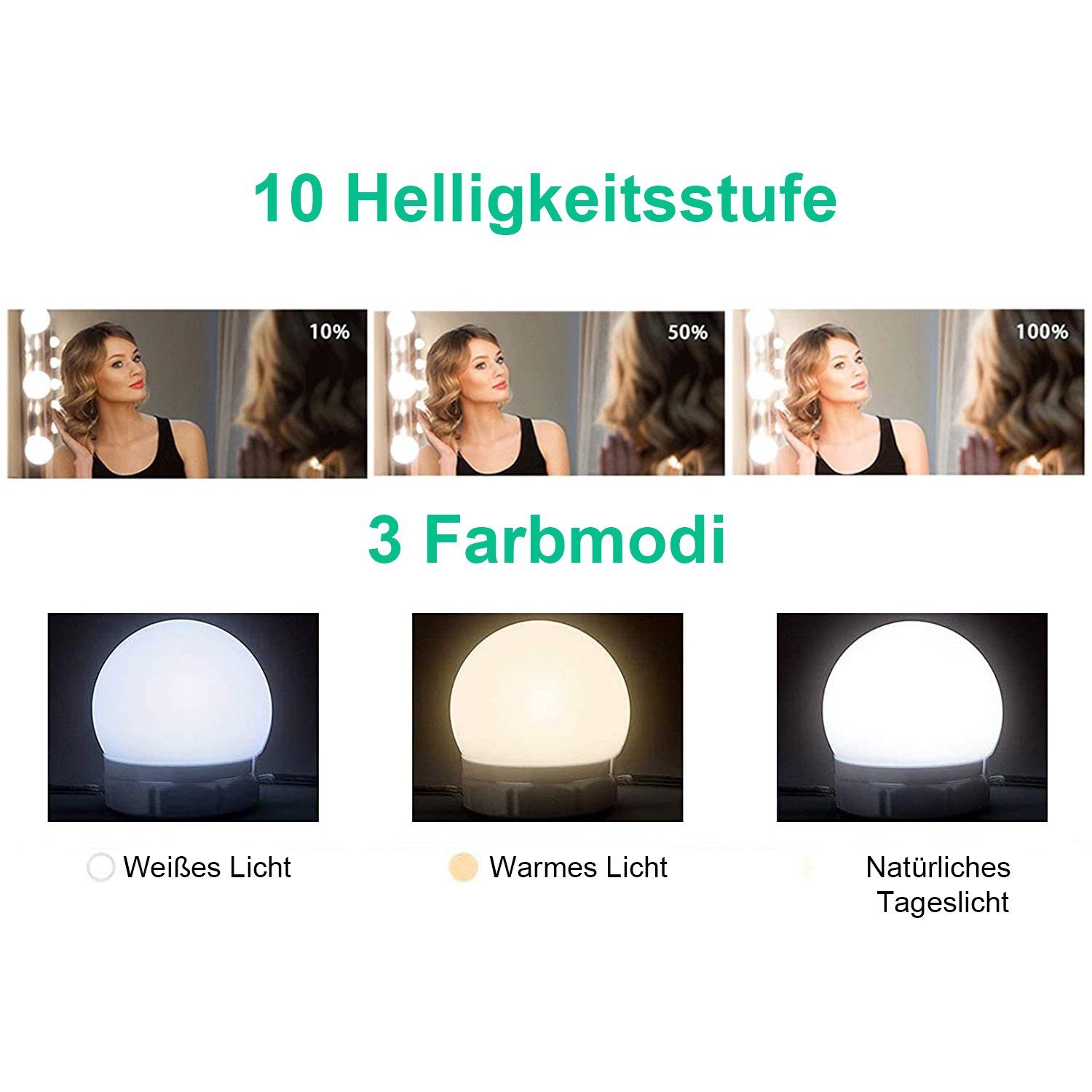Vicbuy LED Spiegelleuchte, 14er Touch-Funktion Hollywood Lichter, 3 Farbe & Dimmbaren Helligkeitsstufen, Schminktische Leuchte, Drehbare Schminkleuchte, USB-Kabel Spiegellampe, Kosmetikspiegel