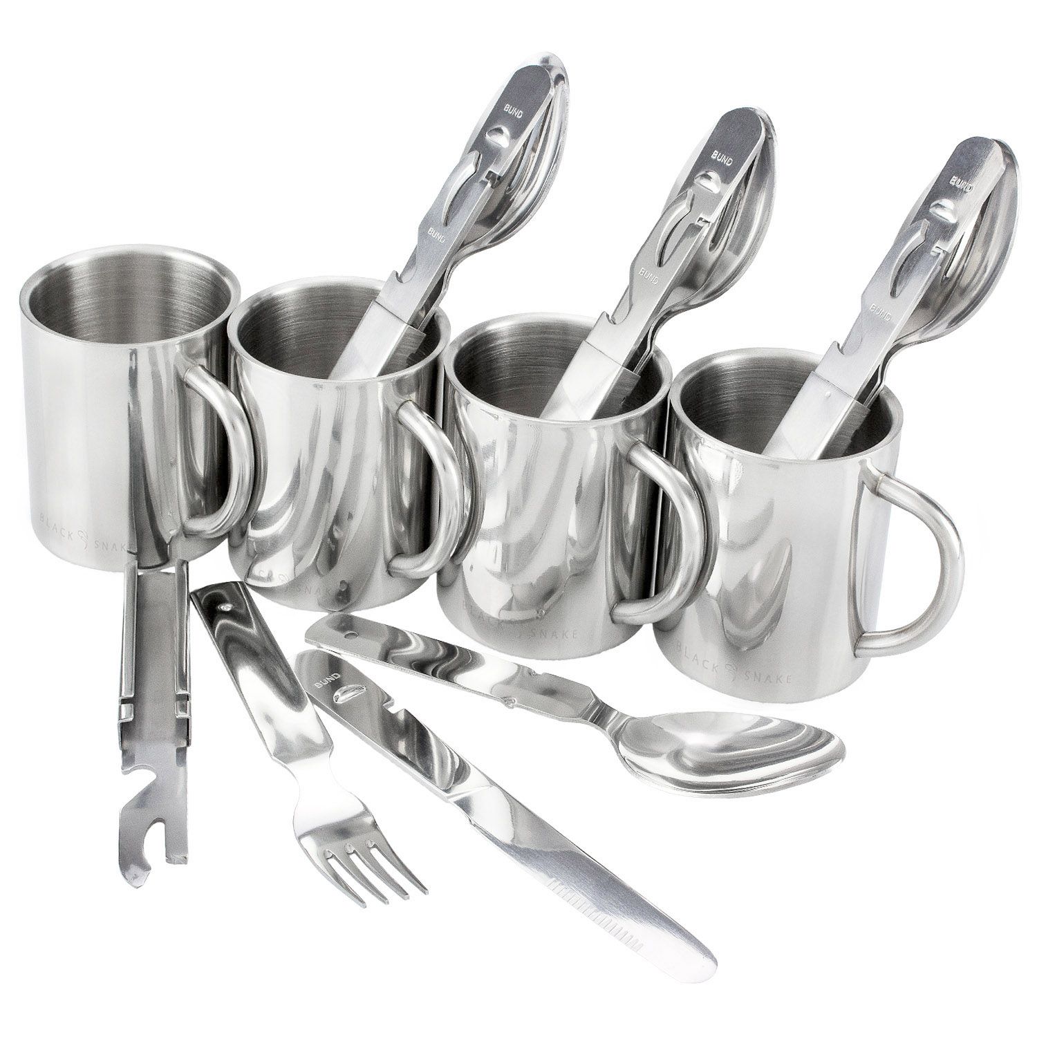 Black Snake 4-Personen Edelstahltasse und Essbesteck Set